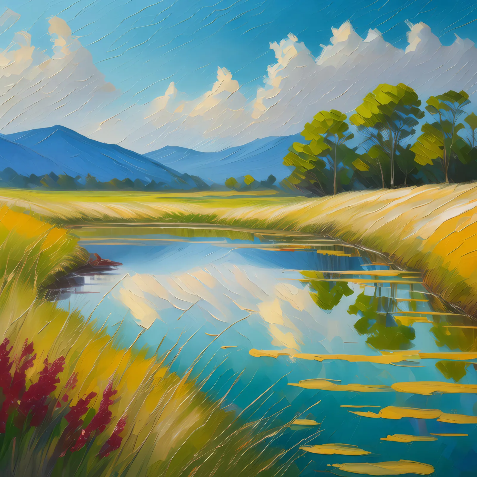 Temperate Grassland Reflections, a palette-knife oil landscape by Emma Mickelberg