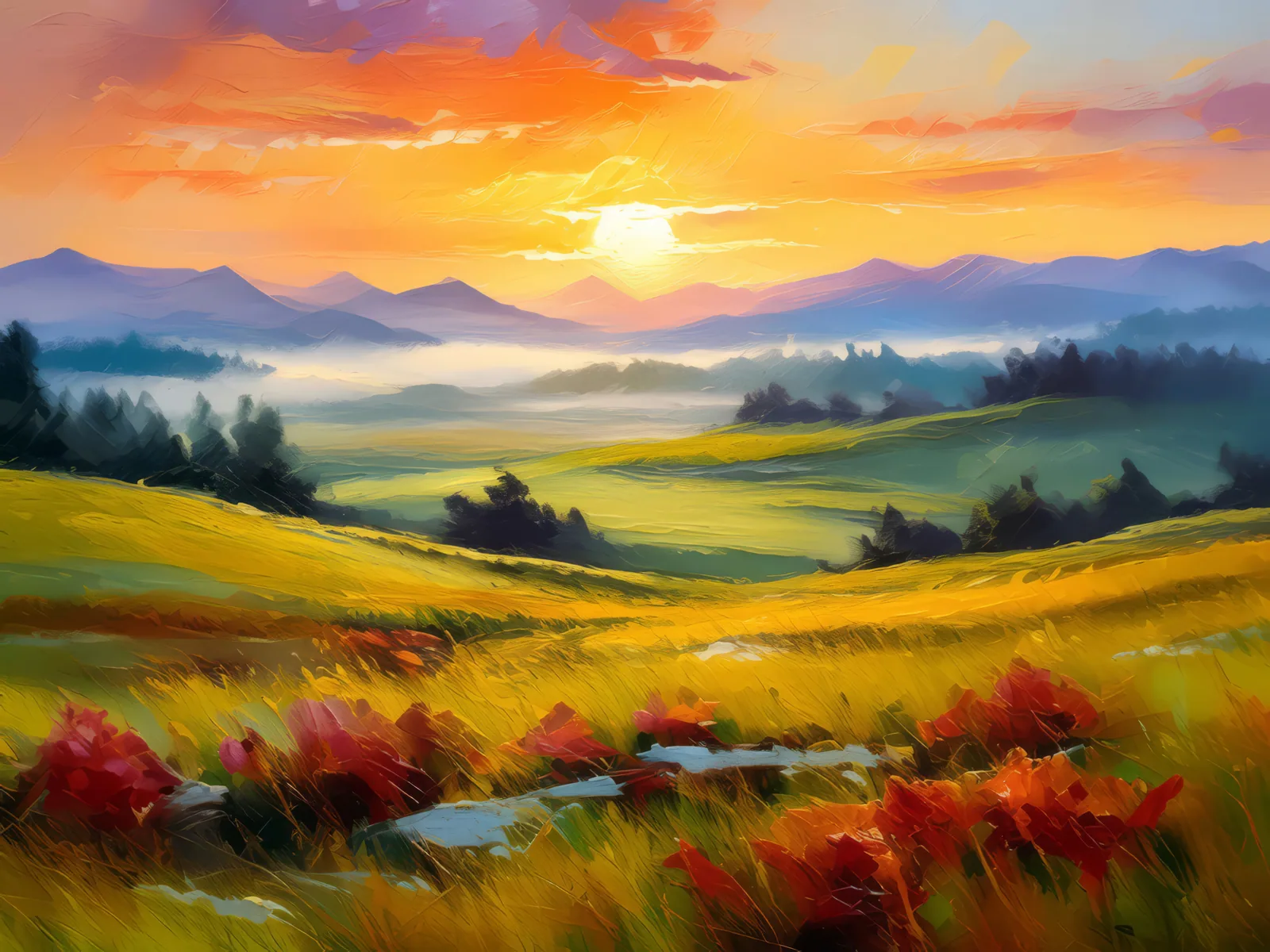 Temperate Grassland Sunrise, a palette-knife oil landscape by Emma Mickelberg