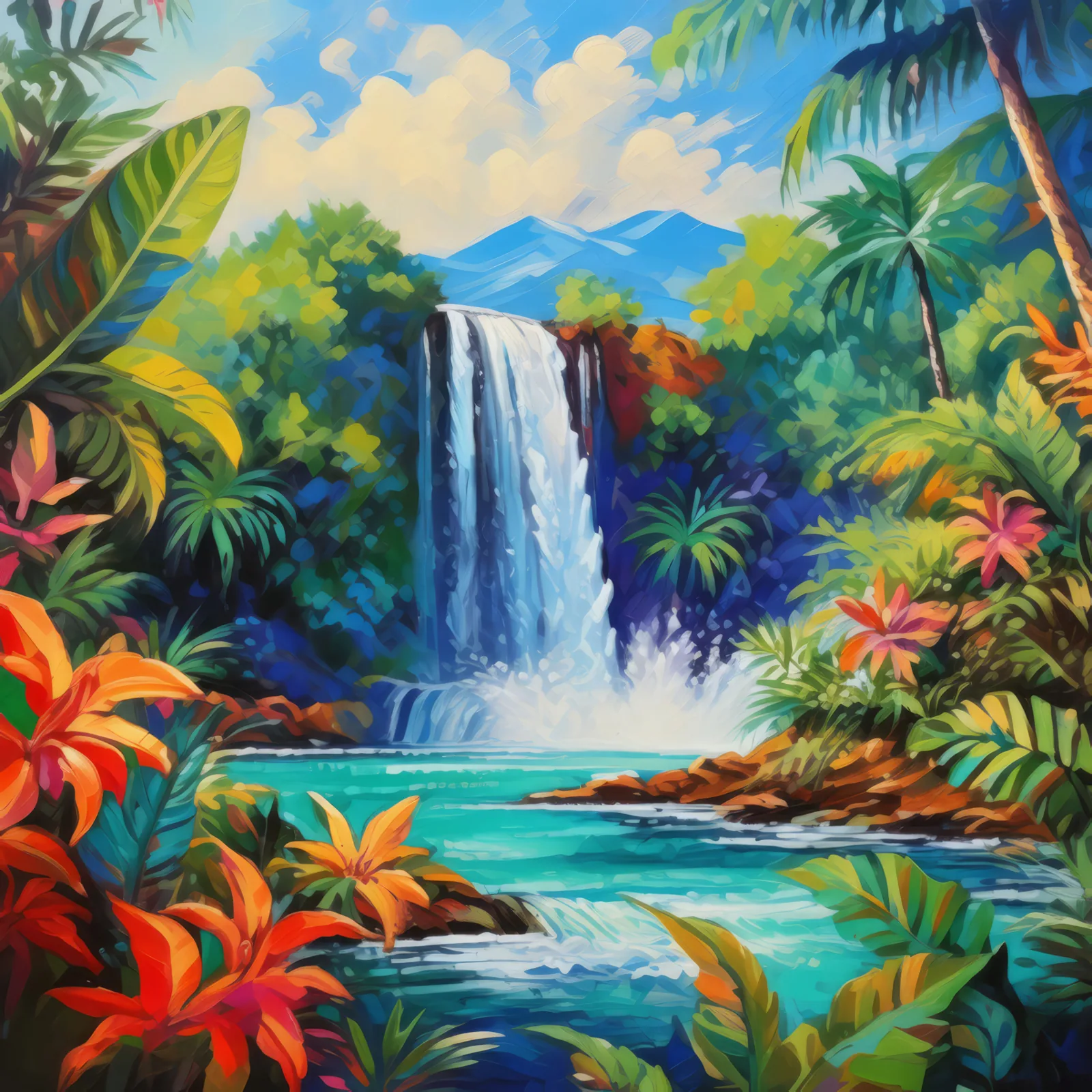 Thundering Tropical Waterfall, a palette-knife oil landscape by Emma Mickelberg