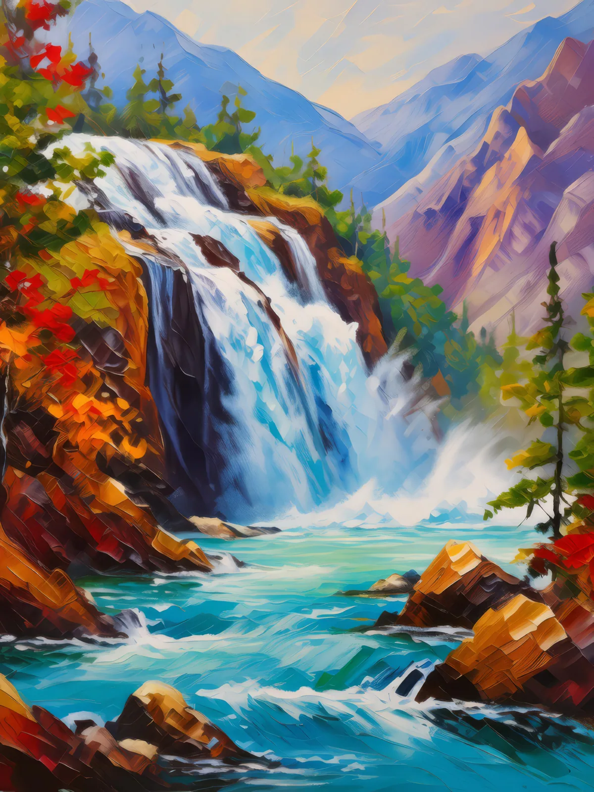 Thunderous Mountain Waterfall, a palette-knife oil landscape by Emma Mickelberg