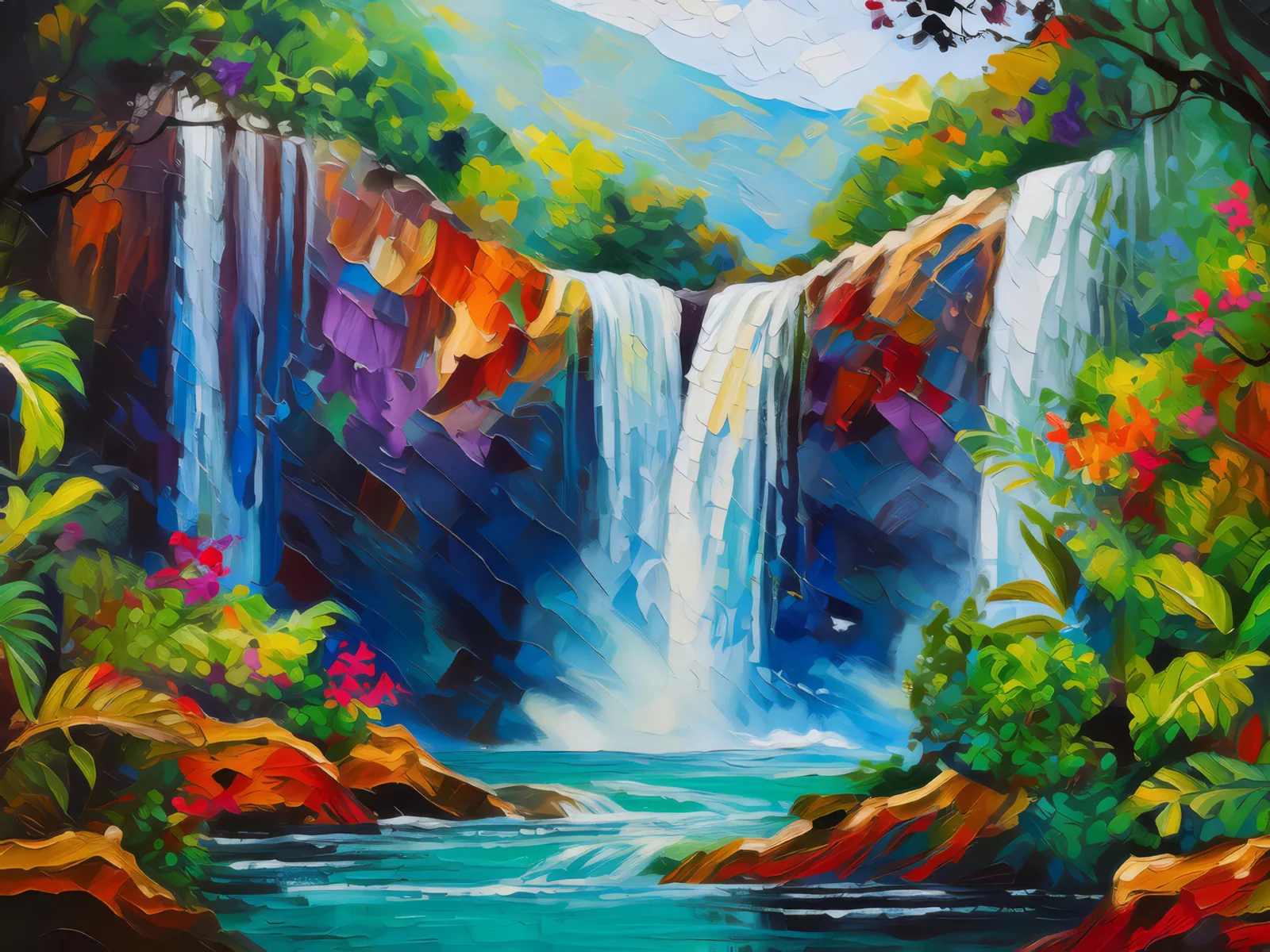 Thunderous Waterfall Chasm, a palette-knife oil landscape by Emma Mickelberg
