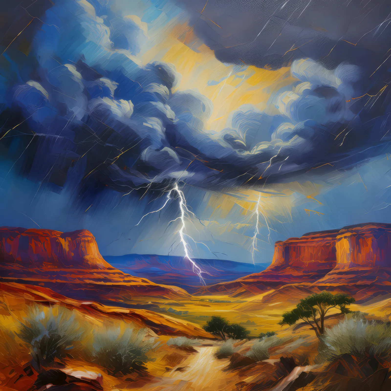 Thunderstorm Over Mesa, a palette-knife oil landscape by Emma Mickelberg