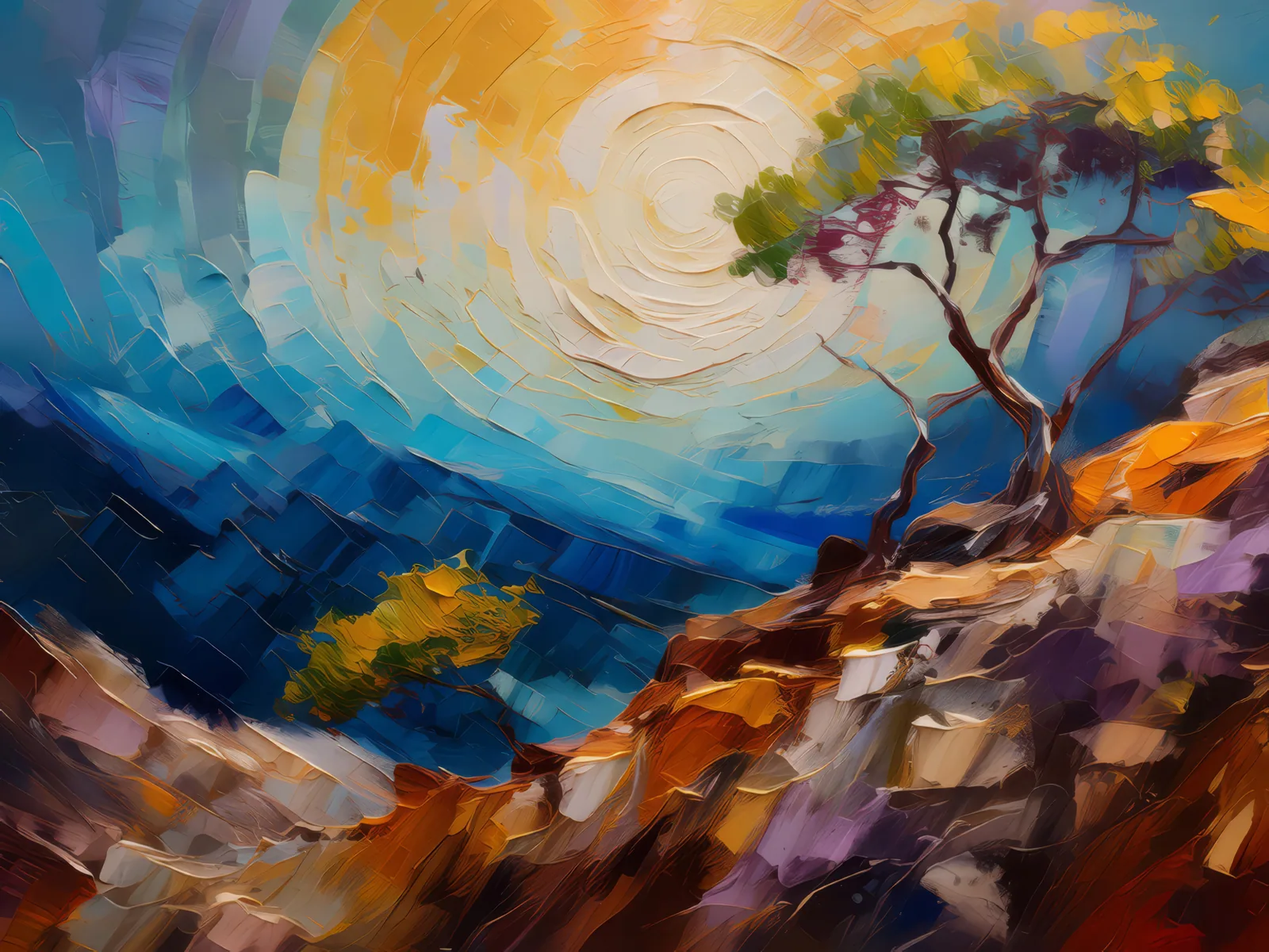Timeless Tapestry on Craggy Canvas, a palette-knife oil landscape by Emma Mickelberg