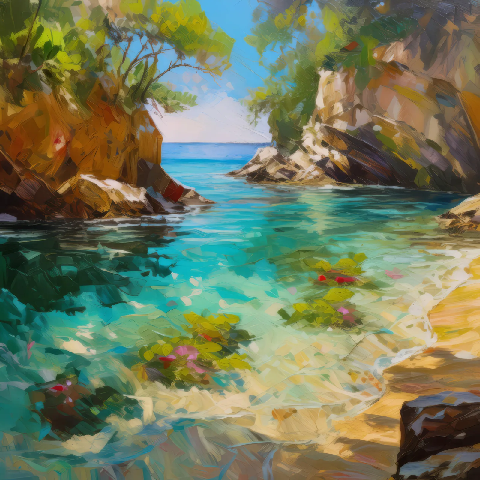 Tranquil Cove Grotto, a palette-knife oil landscape by Emma Mickelberg