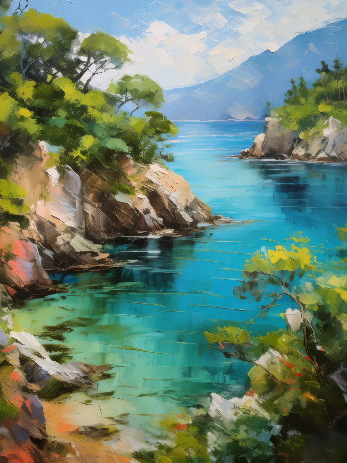 Tranquil Cove Retreat, a palette-knife oil landscape by Emma Mickelberg