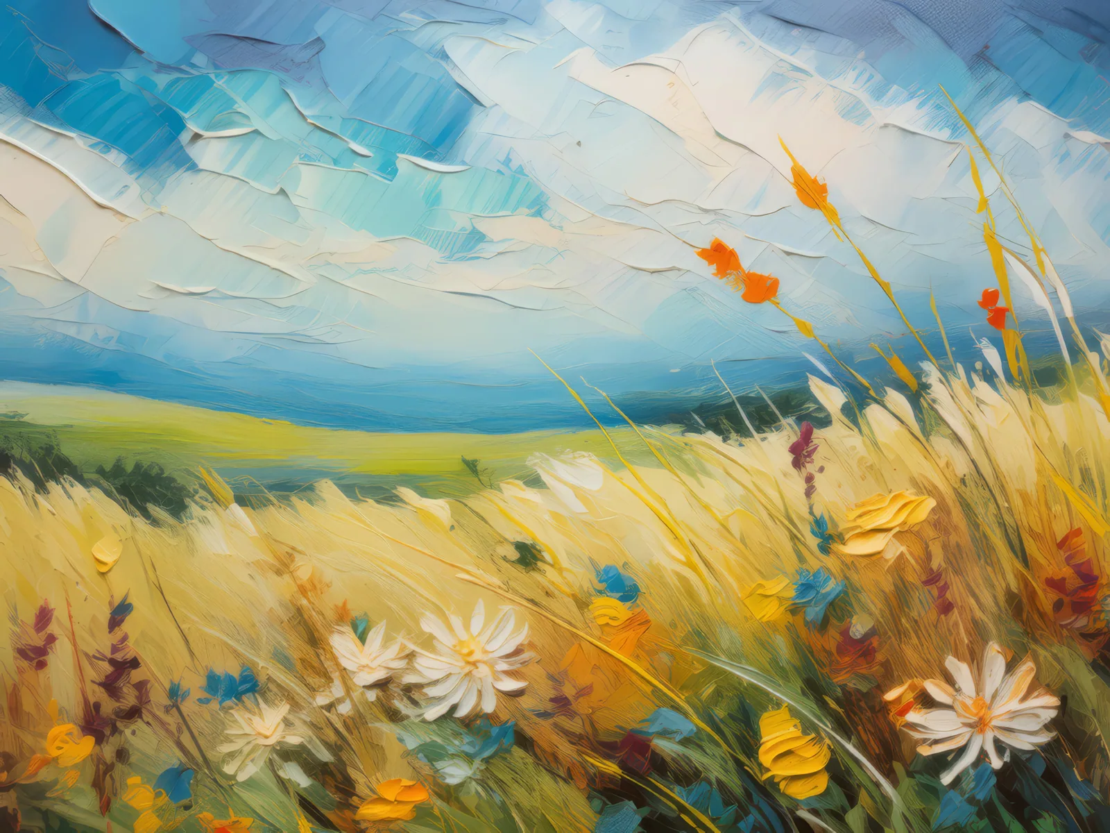 Tranquil Grassland Vista, a palette-knife oil landscape by Emma Mickelberg