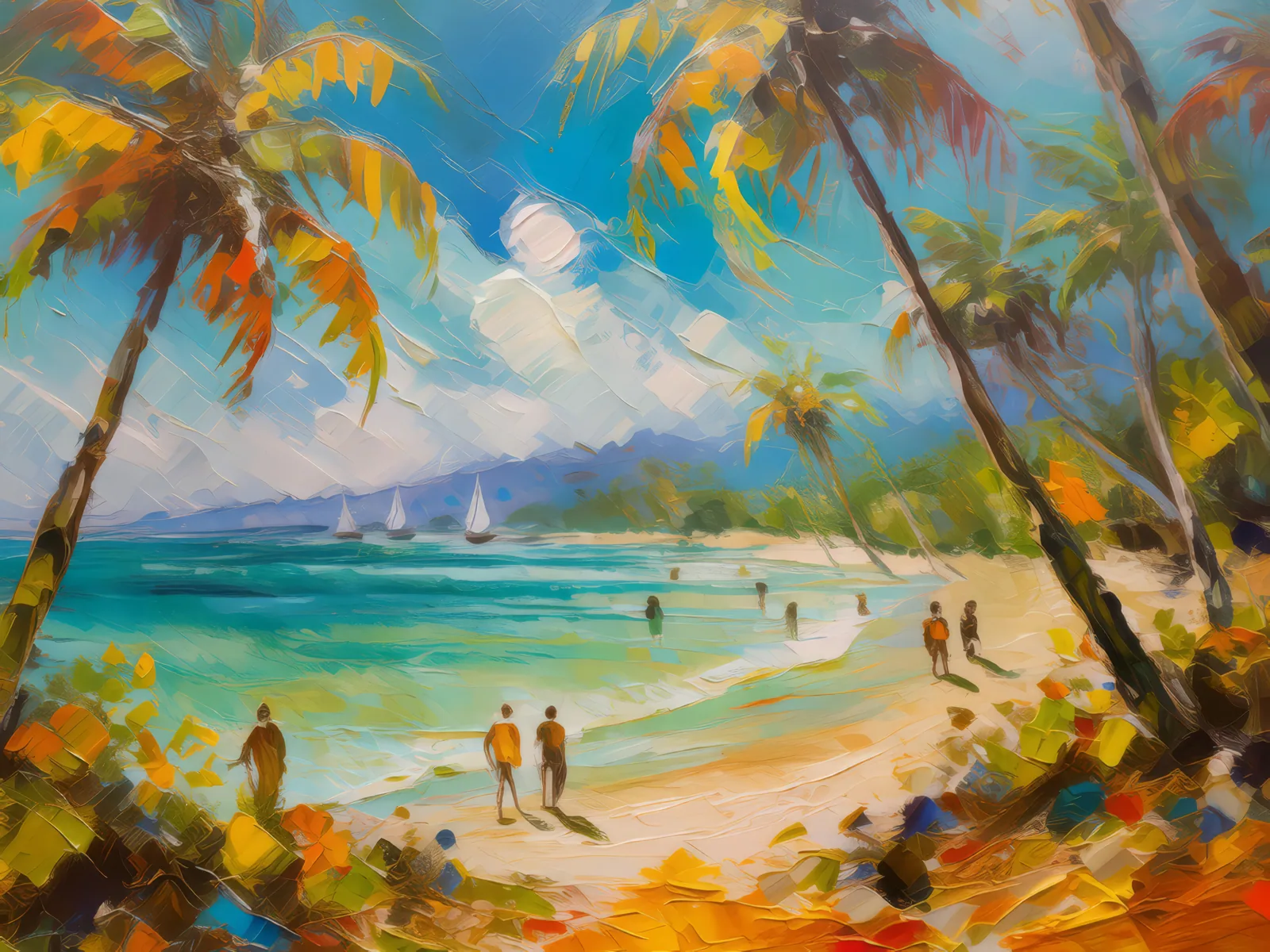 Tropical Beach at Noon, a palette-knife oil landscape by Emma Mickelberg