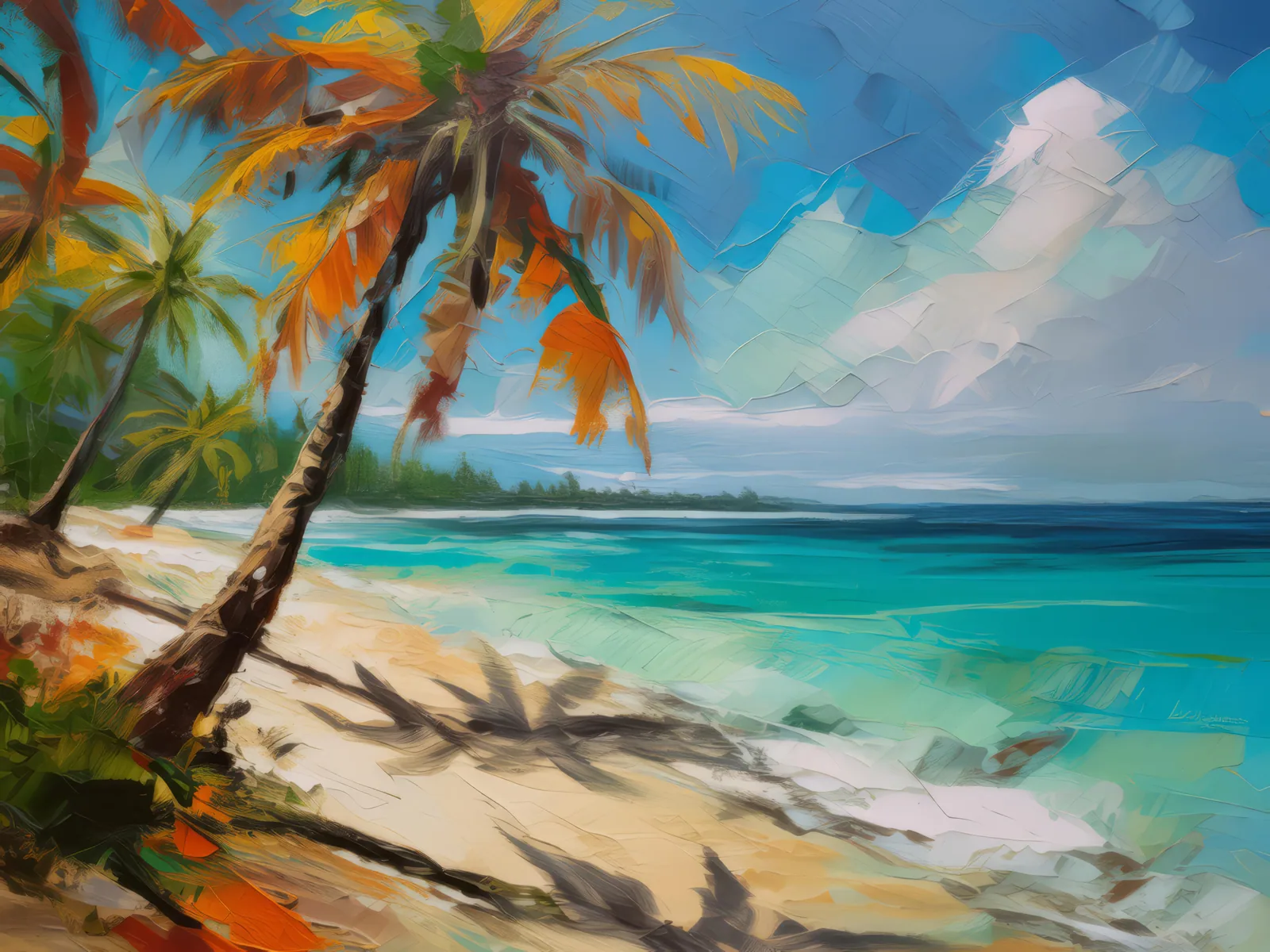 Tropical Beach Paradise, a palette-knife oil landscape by Emma Mickelberg