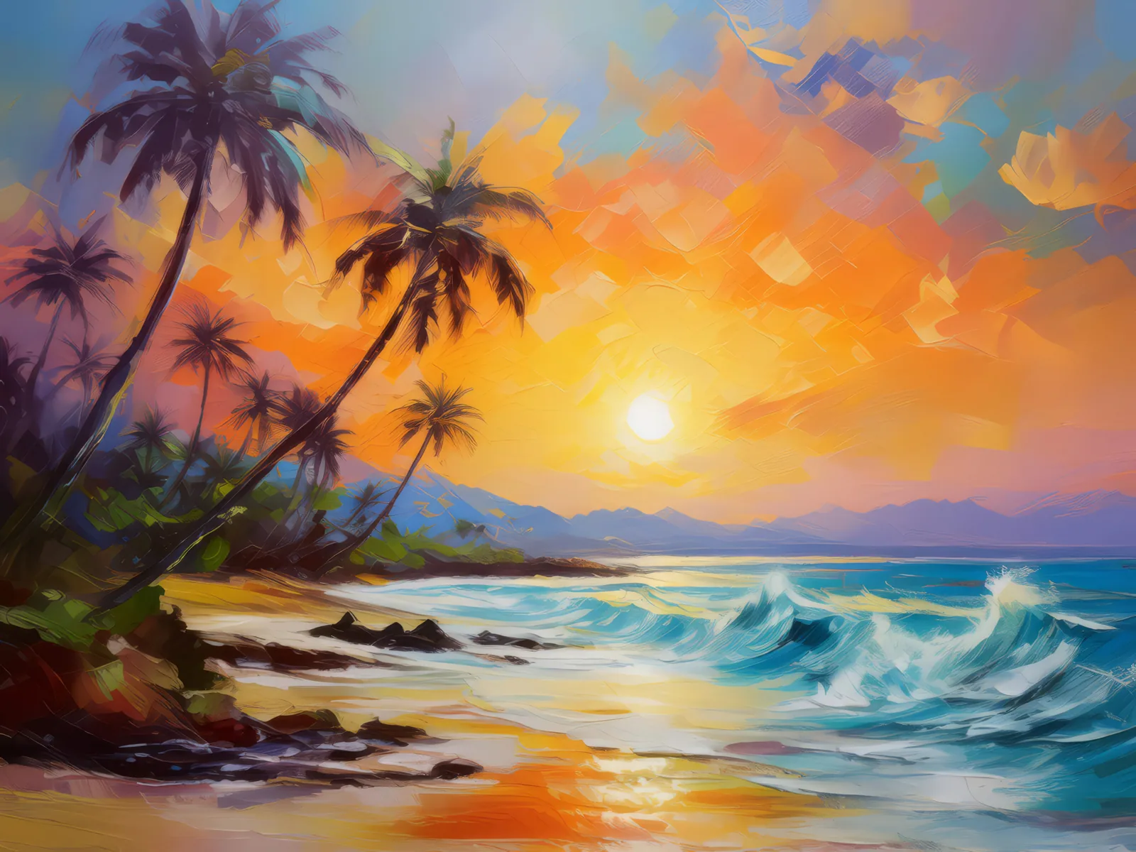 Tropical Beach Sunrise, a palette-knife oil landscape by Emma Mickelberg