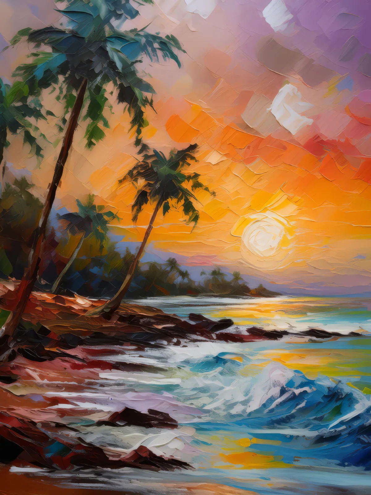 Tropical Beach Sunset, a palette-knife oil landscape by Emma Mickelberg