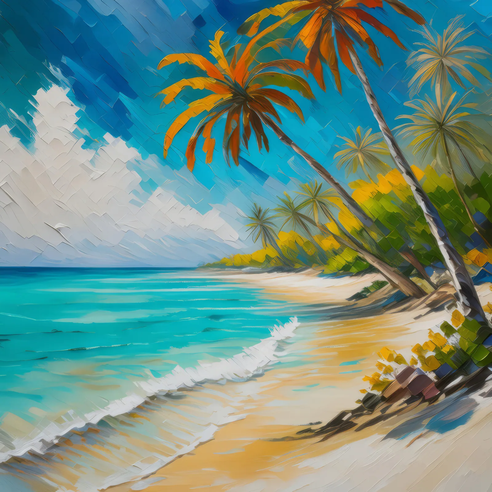 Tropical Beach, a palette-knife oil landscape by Emma Mickelberg