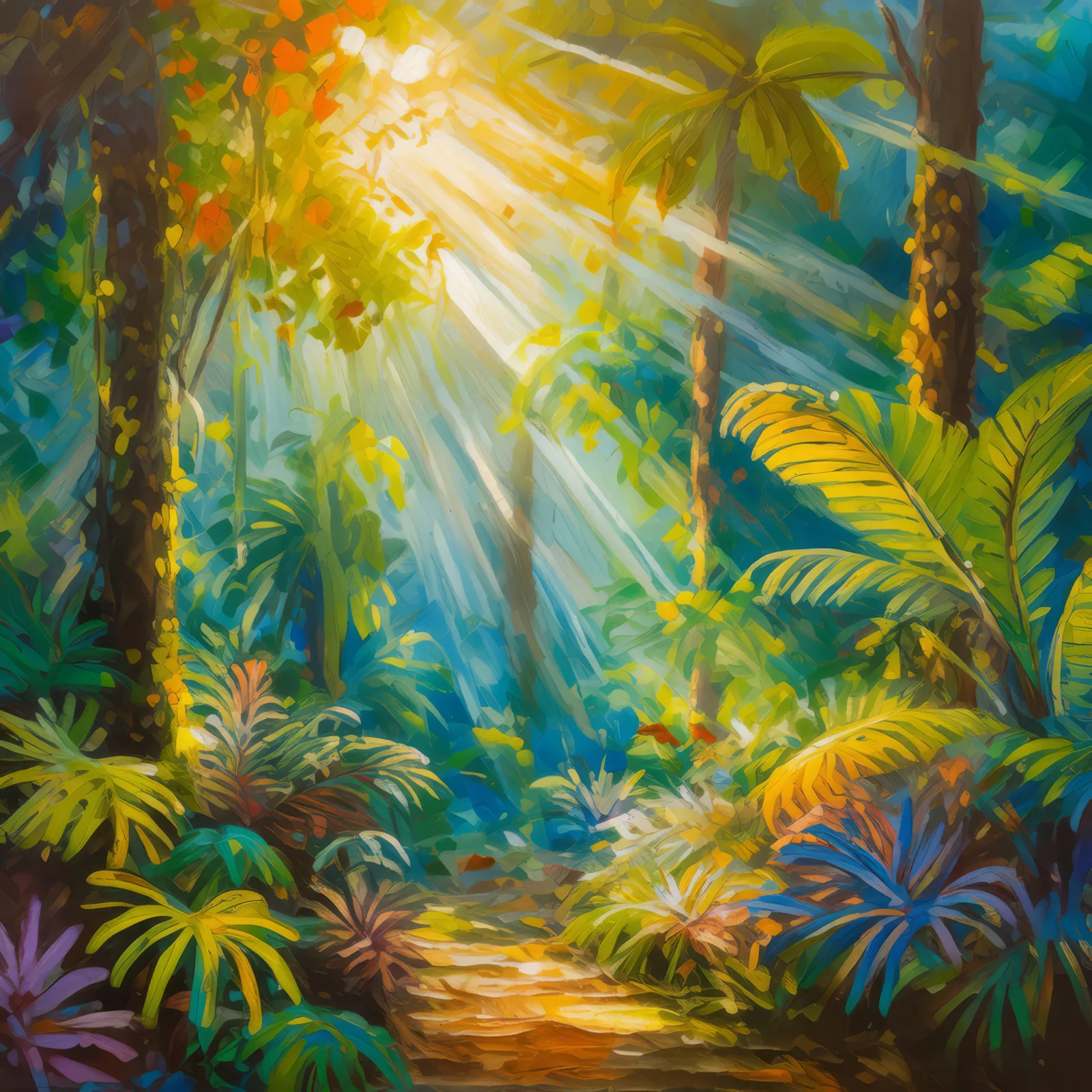 Tropical Canopy Sunbeams, a palette-knife oil landscape by Emma Mickelberg