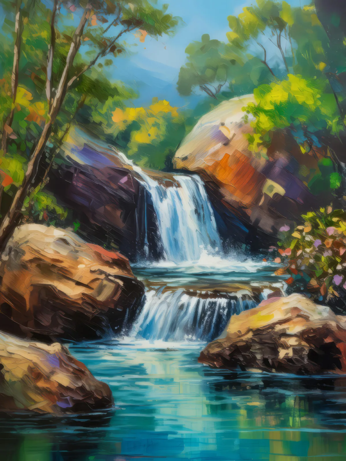 Tropical Dry Forest Cascade, a palette-knife oil landscape by Emma Mickelberg