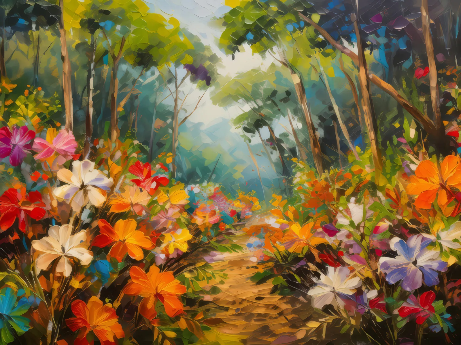 Tropical Dry Forest Flowers, a palette-knife oil landscape by Emma Mickelberg