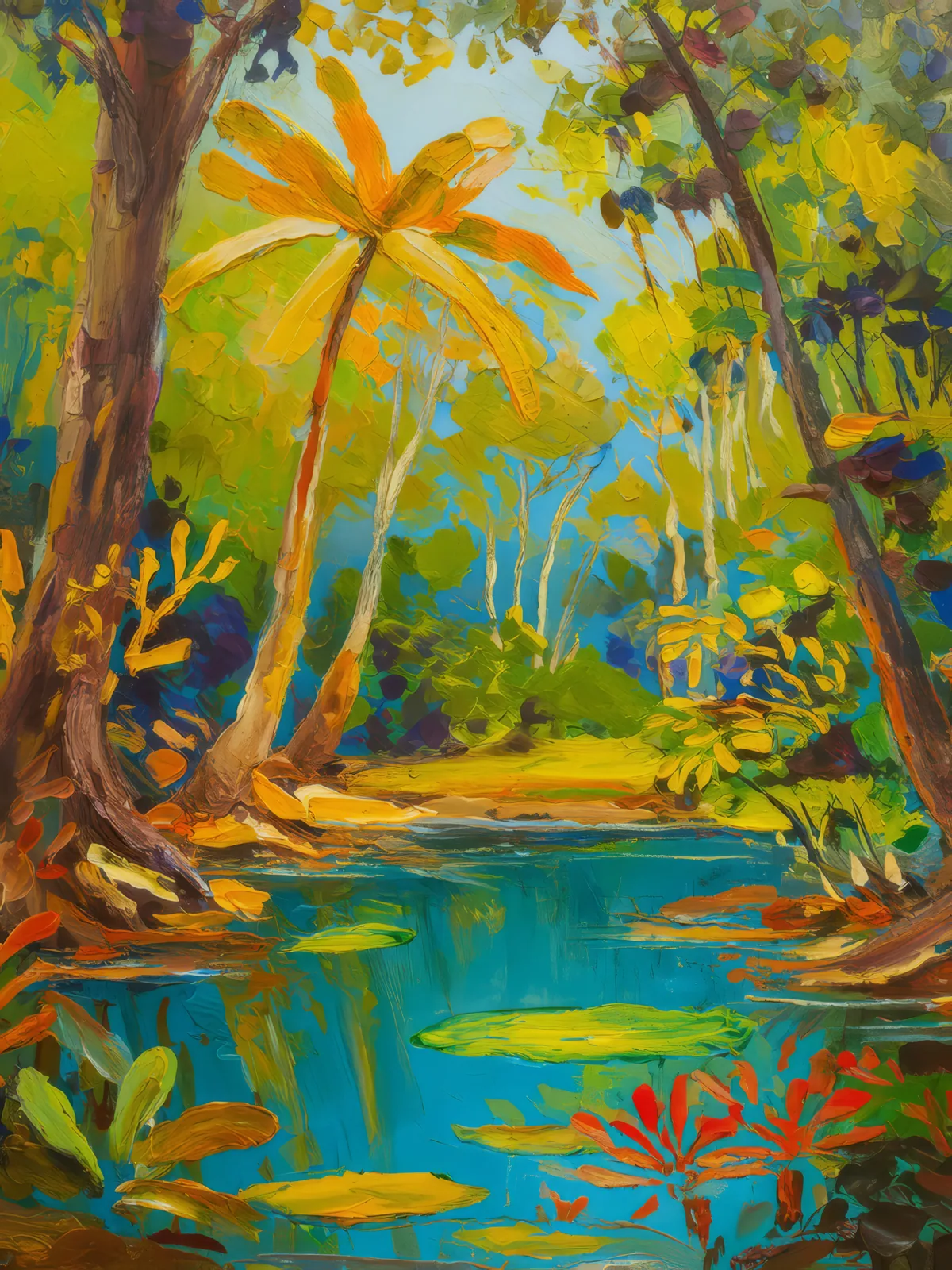 Tropical Dry Forest Oasis, a palette-knife oil landscape by Emma Mickelberg