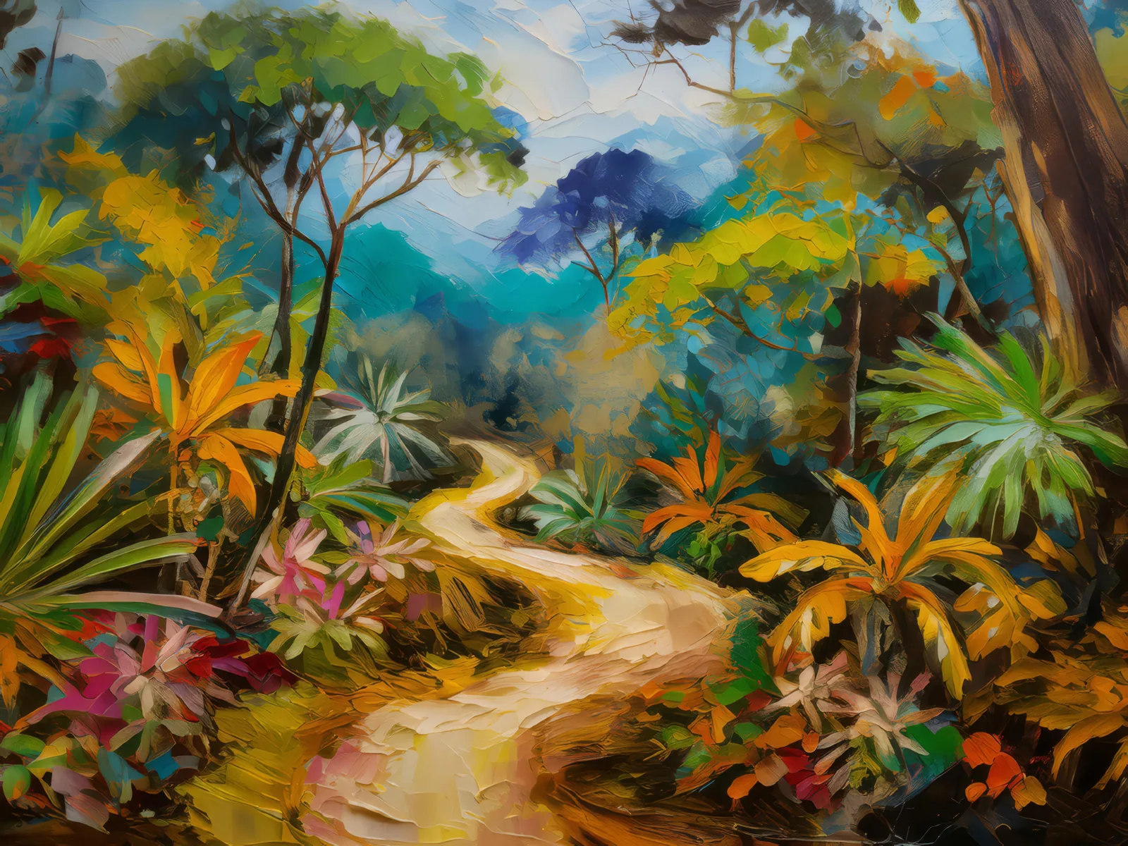Tropical Dry Forest Path, a palette-knife oil landscape by Emma Mickelberg