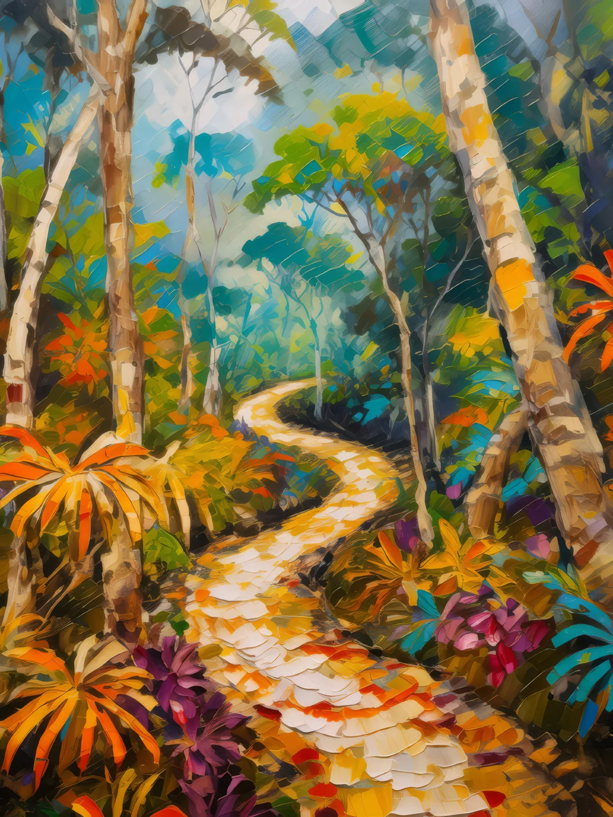 Tropical Dry Forest Pathway, a palette-knife oil landscape by Emma Mickelberg