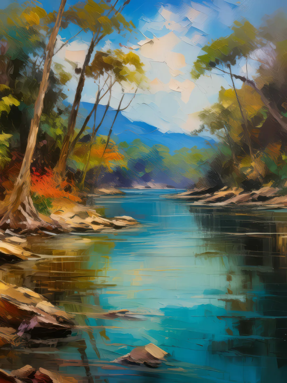 Tropical Dry Forest Riverbank, a palette-knife oil landscape by Emma Mickelberg