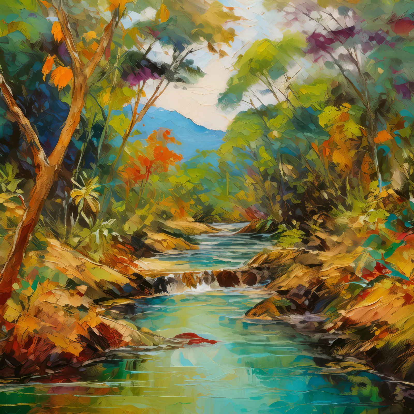 Tropical Dry Forest Stream, a palette-knife oil landscape by Emma Mickelberg