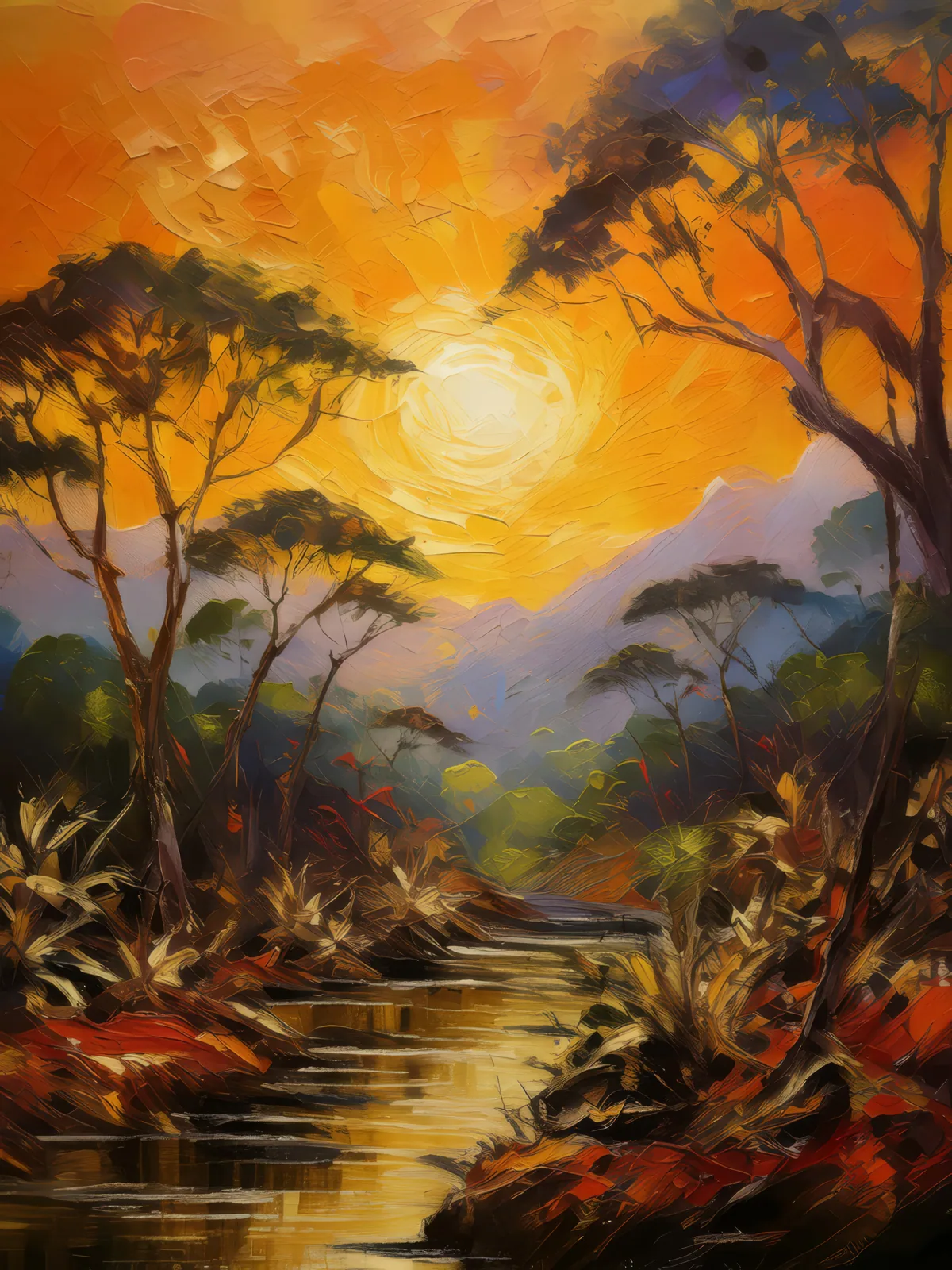 Tropical Dry Forest Sunset, a palette-knife oil landscape by Emma Mickelberg
