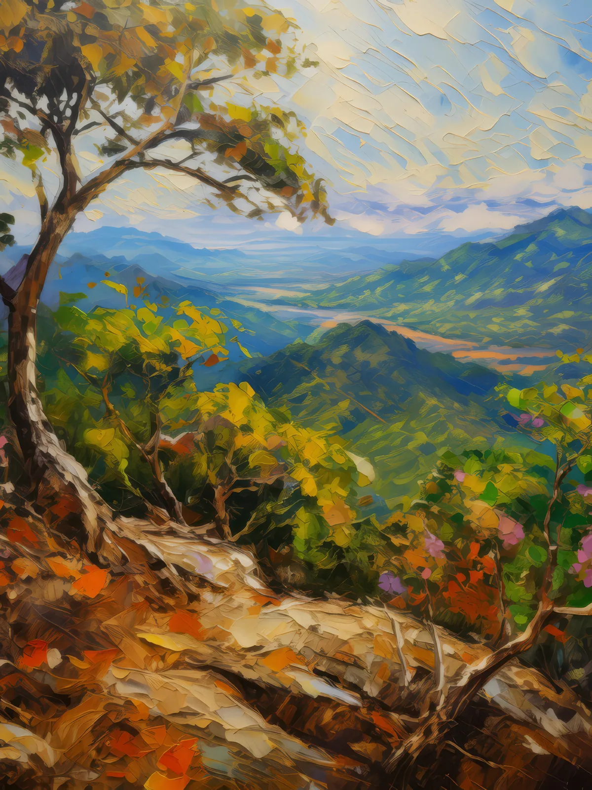 Tropical Dry Forest Viewpoint, a palette-knife oil landscape by Emma Mickelberg