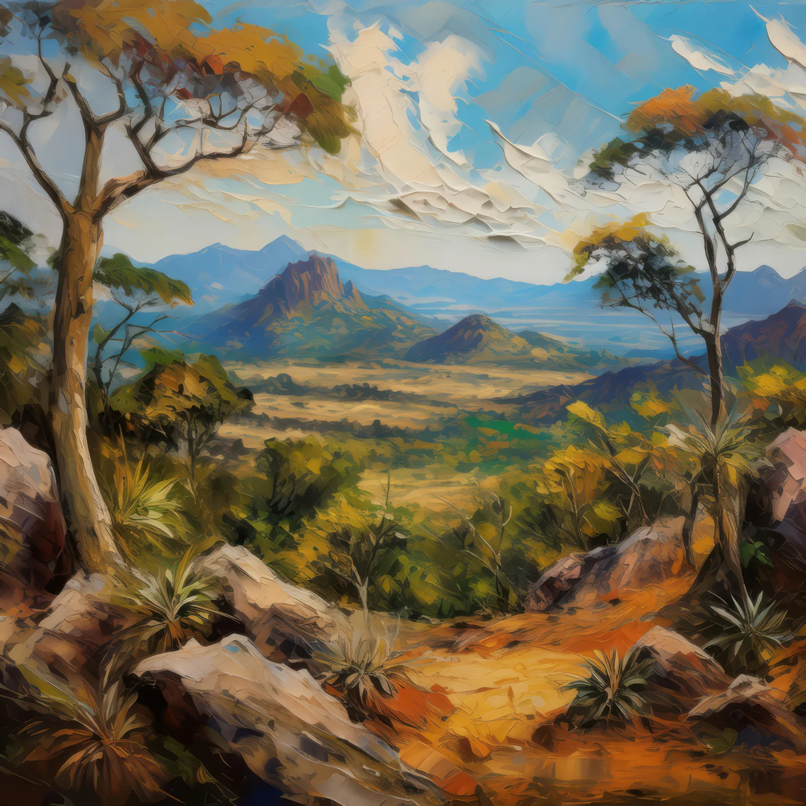 Tropical Dry Forest Vista, a palette-knife oil landscape by Emma Mickelberg