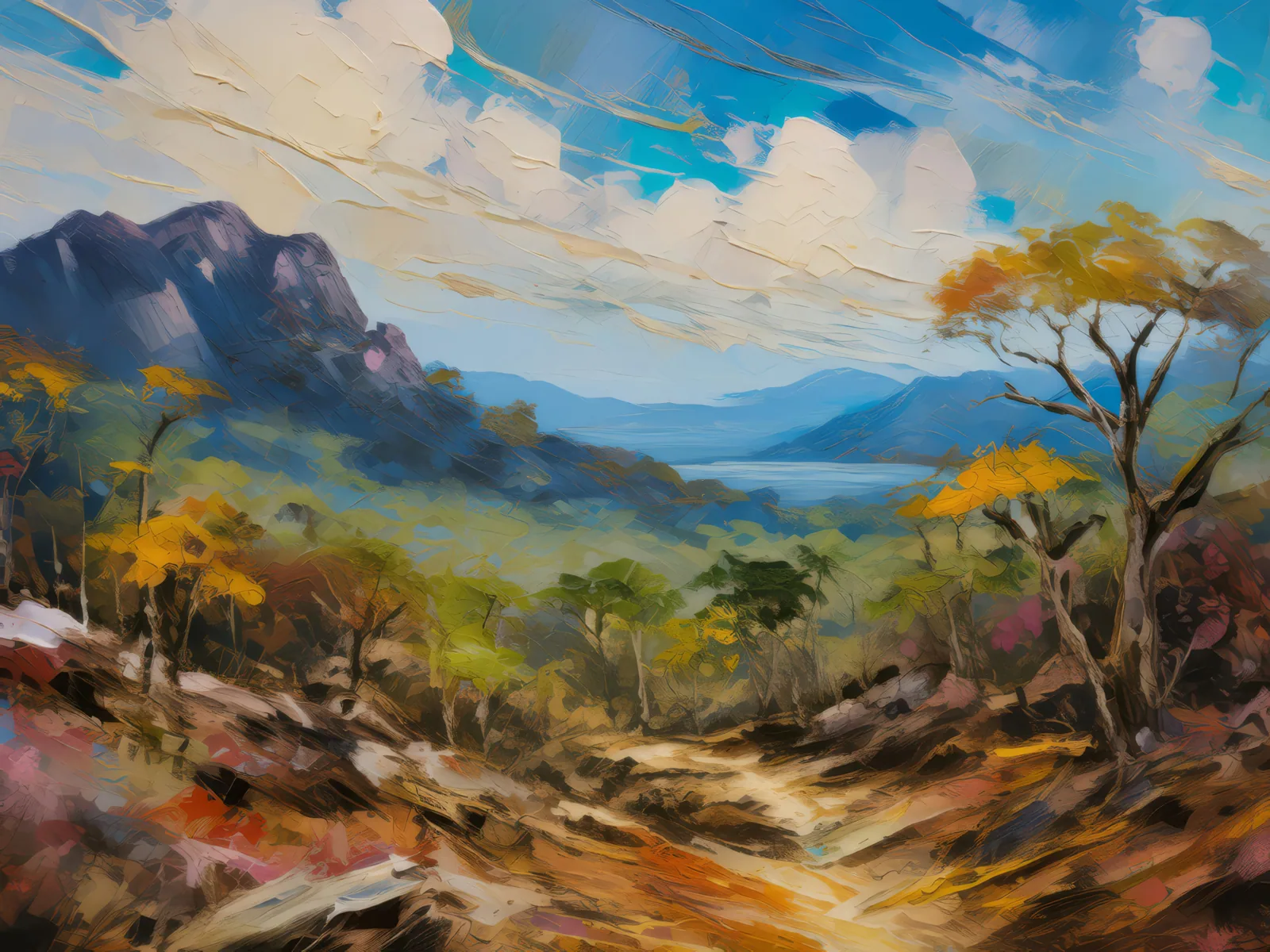 Tropical Dry Forest Vistas, a palette-knife oil landscape by Emma Mickelberg