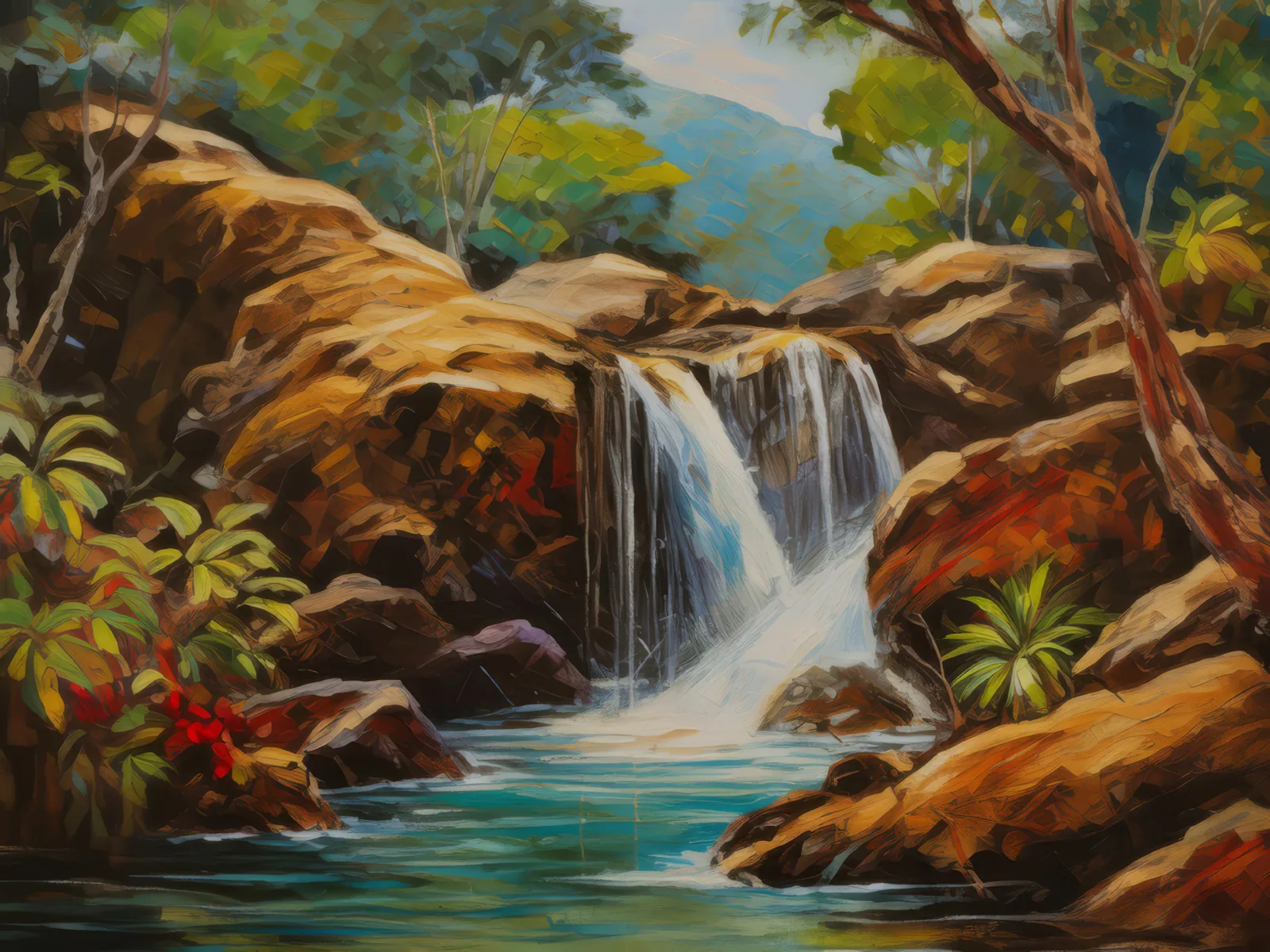 Tropical Dry Forest Waterfall, a palette-knife oil landscape by Emma Mickelberg