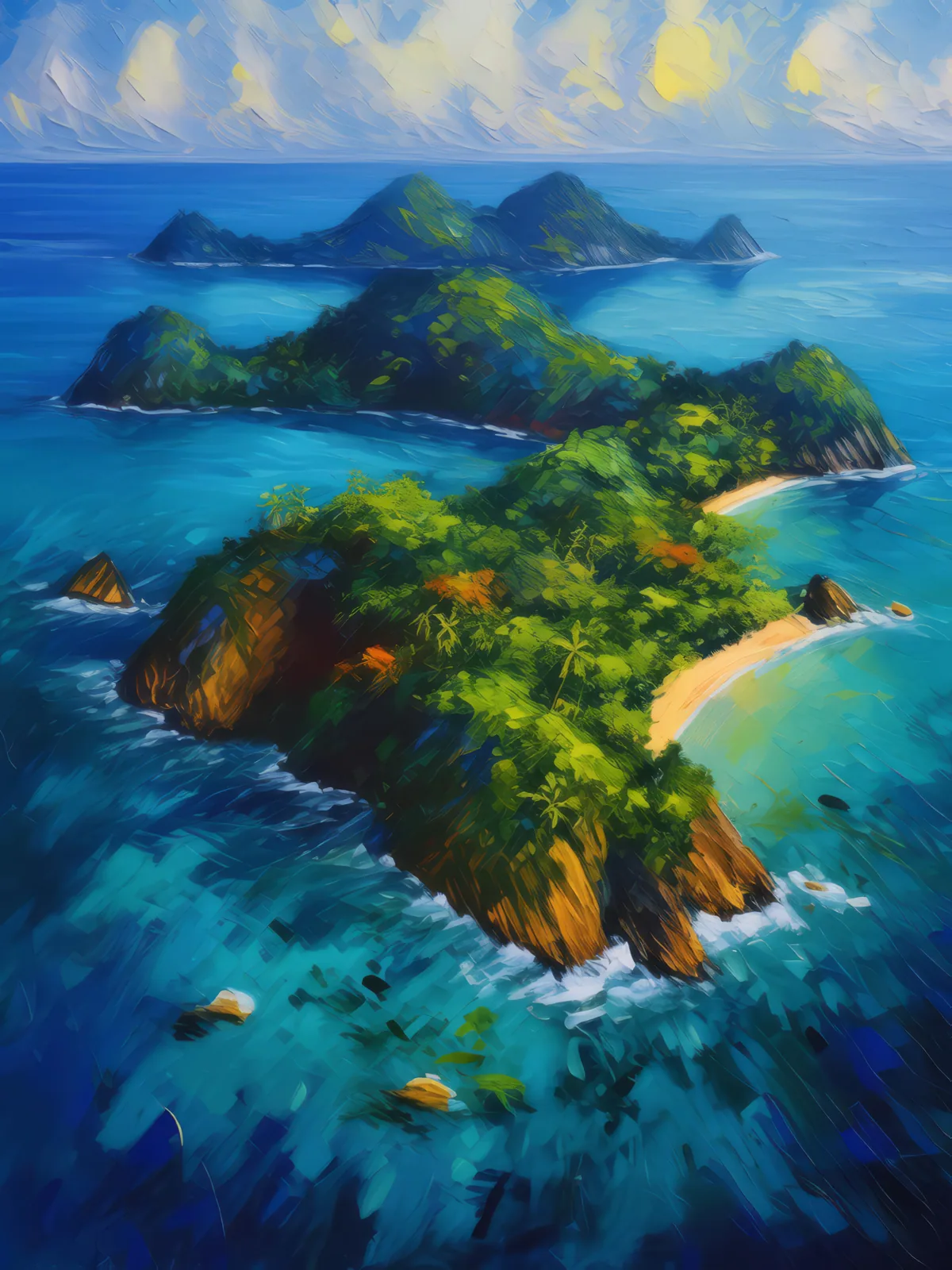 Tropical Island Aerial, a palette-knife oil landscape by Emma Mickelberg