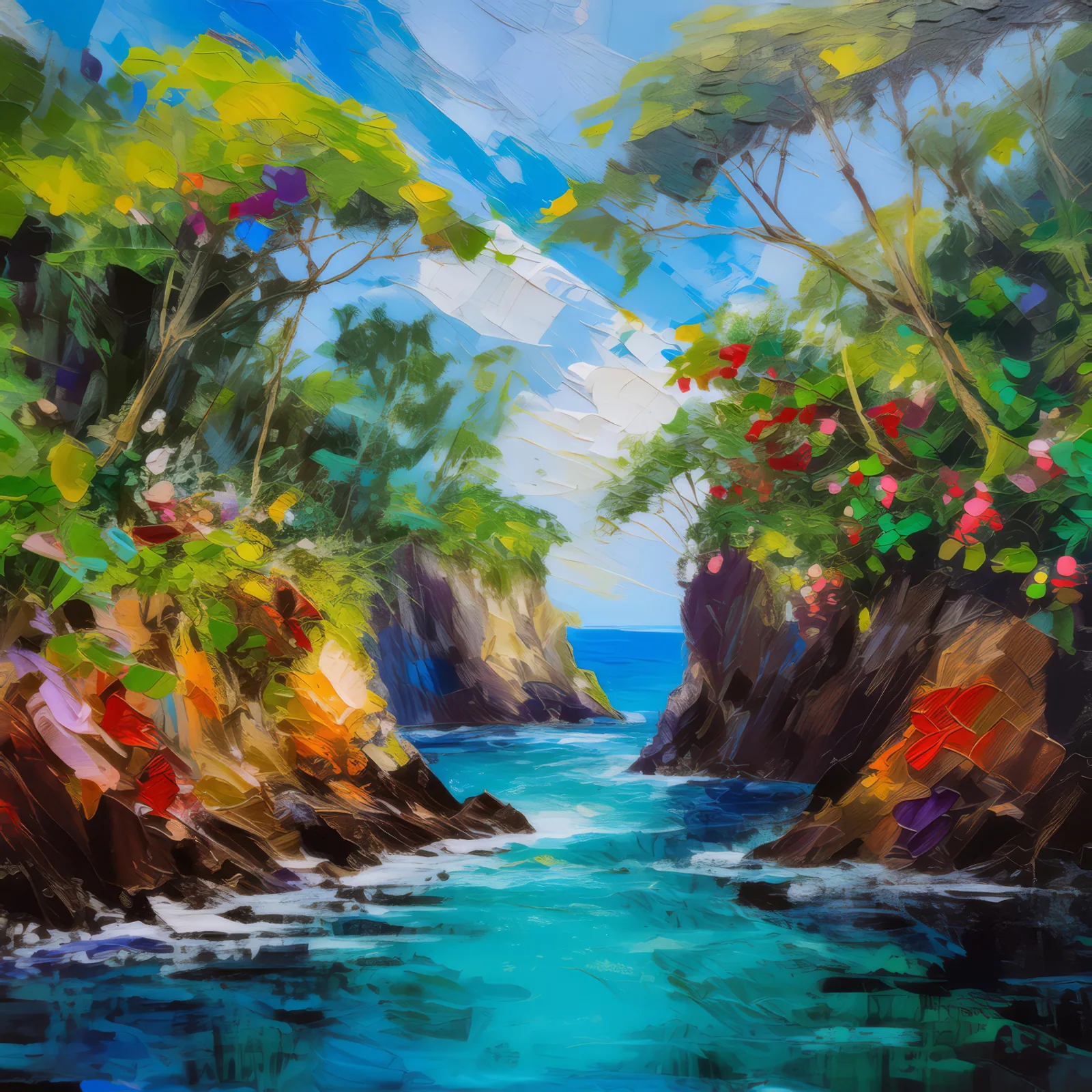 Tropical Island Chasm, a palette-knife oil landscape by Emma Mickelberg