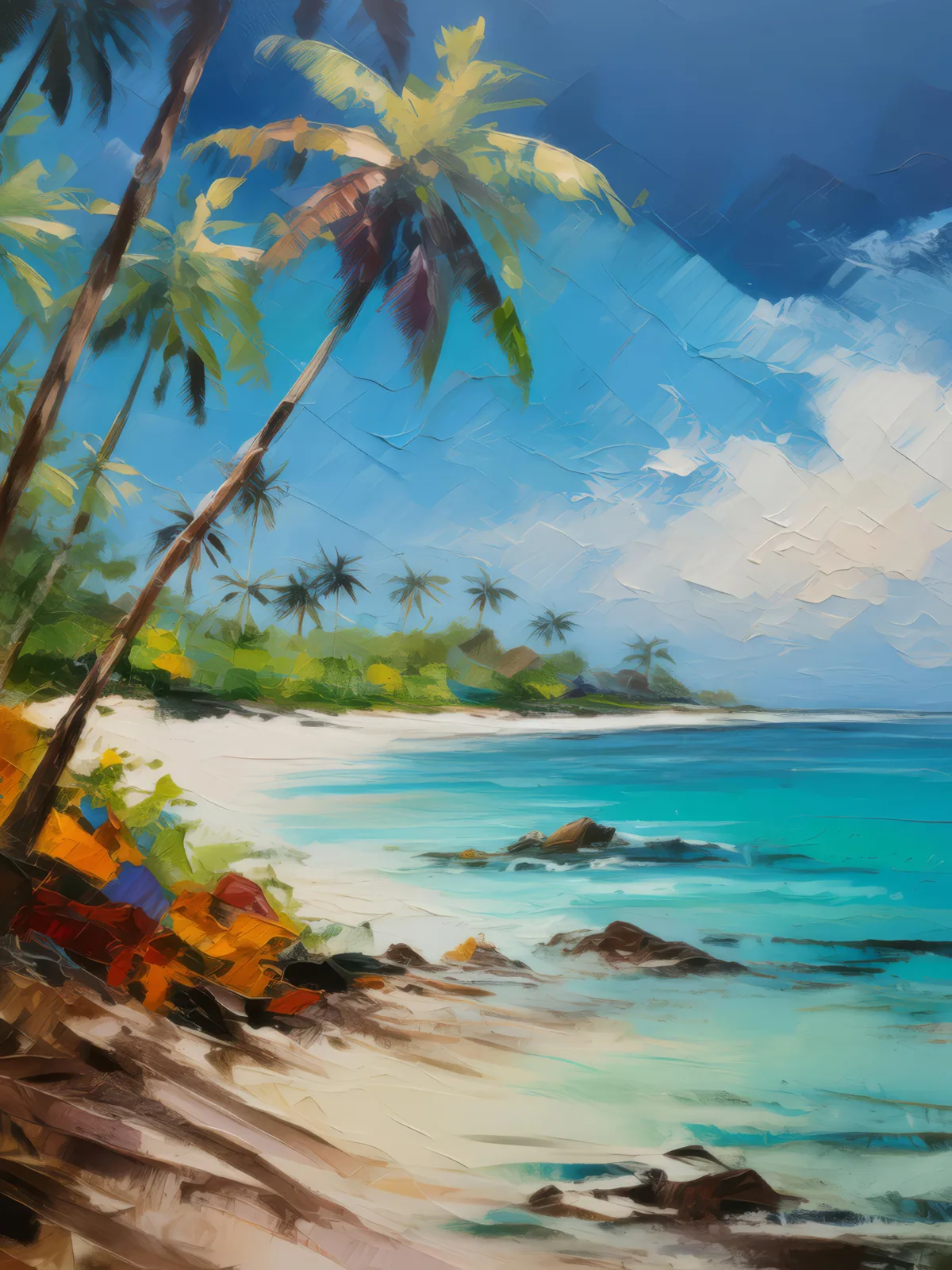 Tropical Island Getaway, a palette-knife oil landscape by Emma Mickelberg