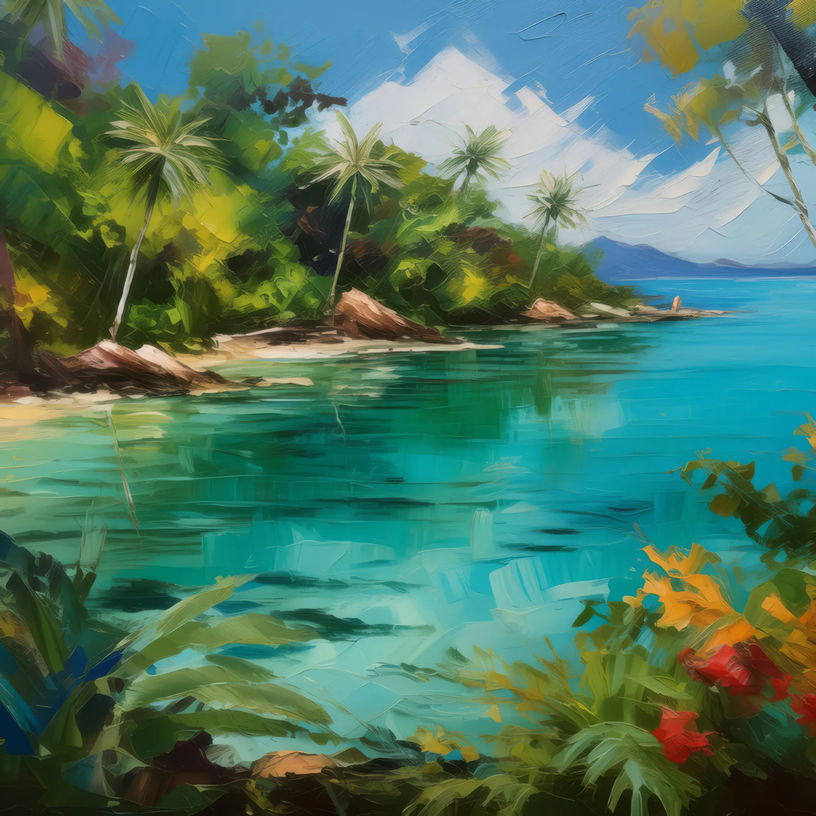 Tropical Island Lagoon, a palette-knife oil landscape by Emma Mickelberg