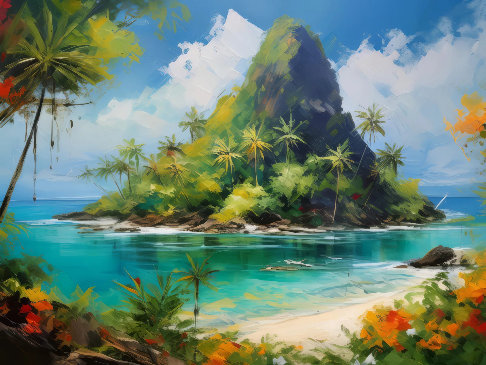 Tropical Island Oasis, a palette-knife oil landscape by Emma Mickelberg