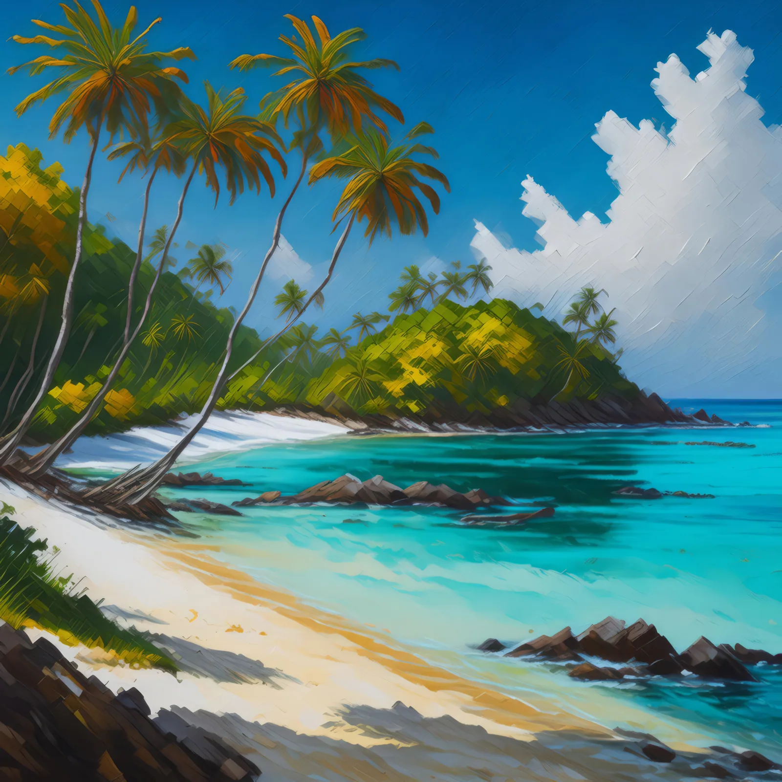 Tropical Island Paradise, a palette-knife oil landscape by Emma Mickelberg