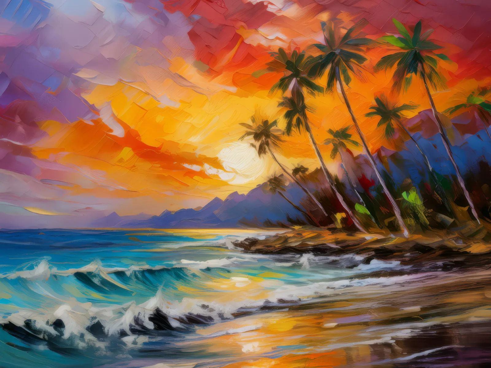 Tropical Island Sunset, a palette-knife oil landscape by Emma Mickelberg