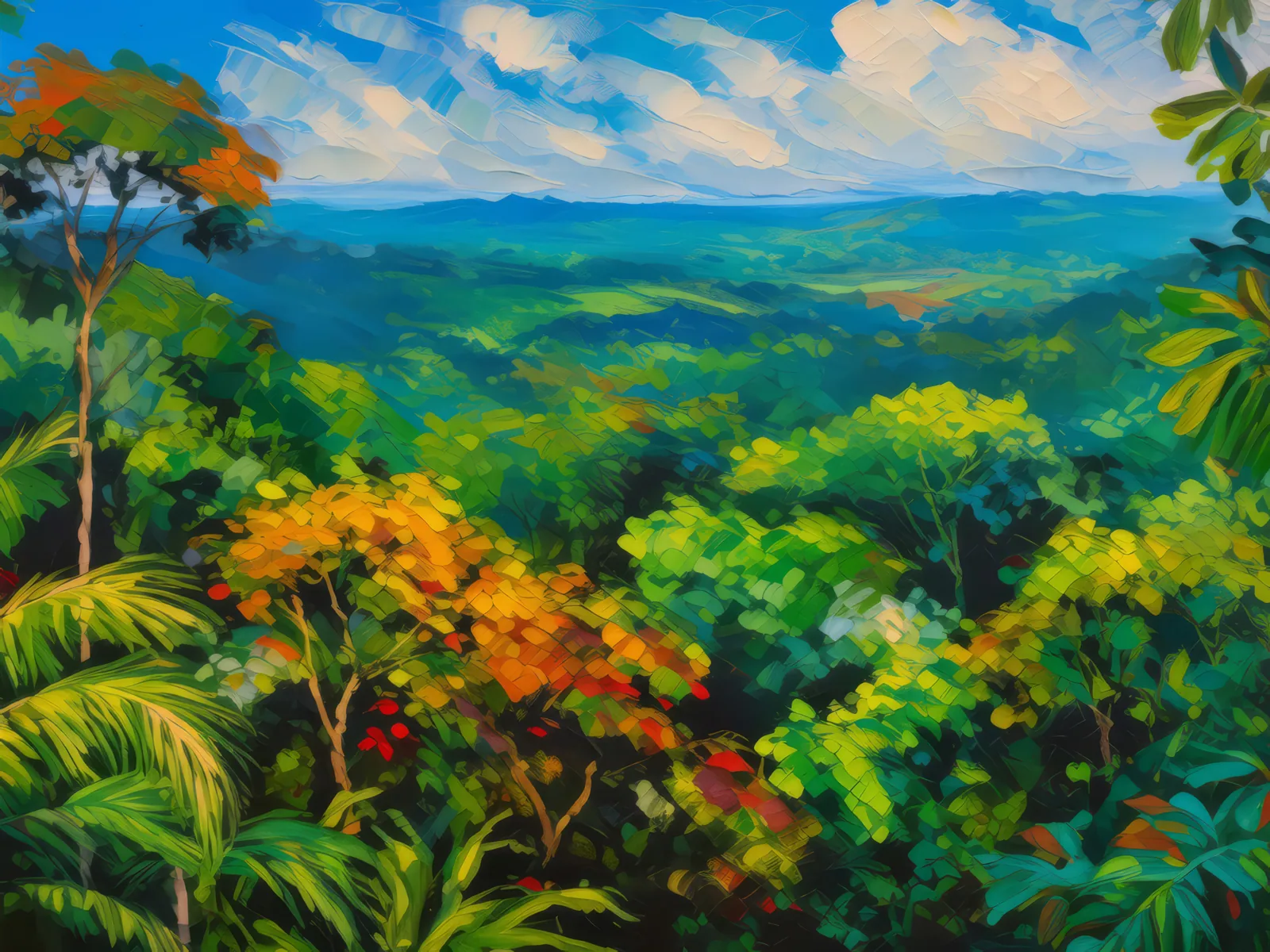 Tropical Jungle Canopy View, a palette-knife oil landscape by Emma Mickelberg