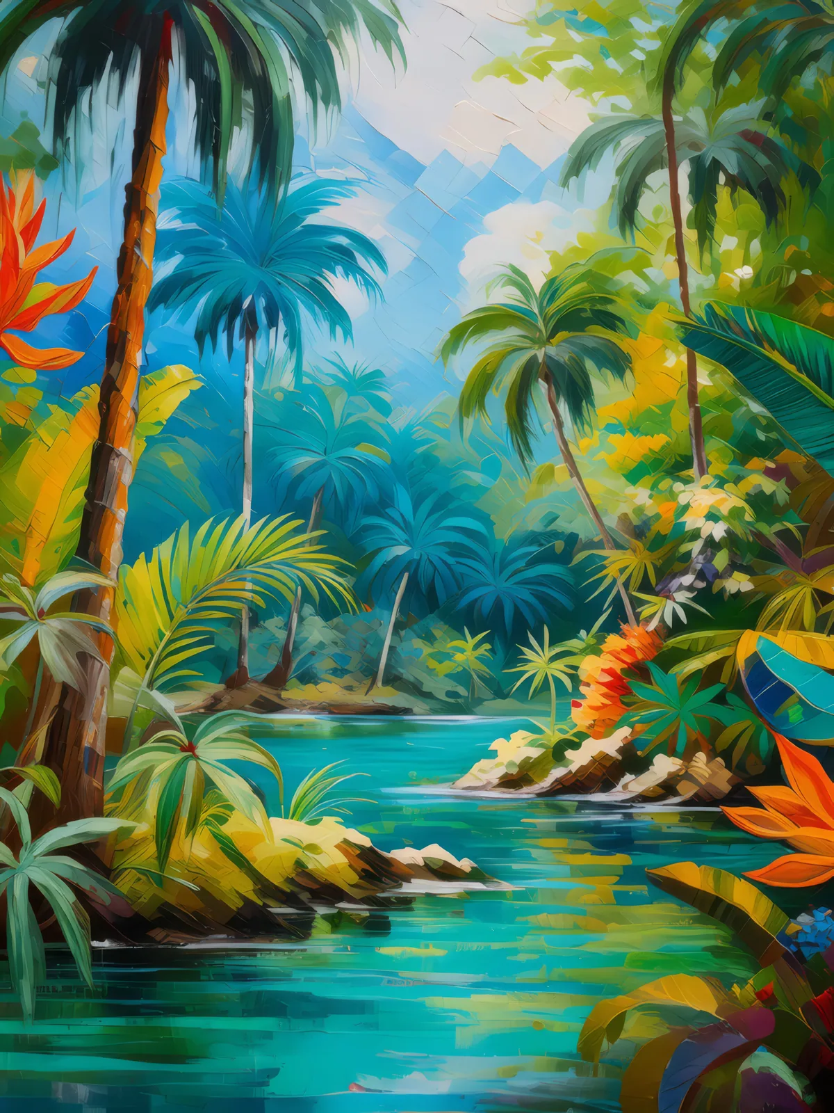 Tropical Jungle Oasis, a palette-knife oil landscape by Emma Mickelberg