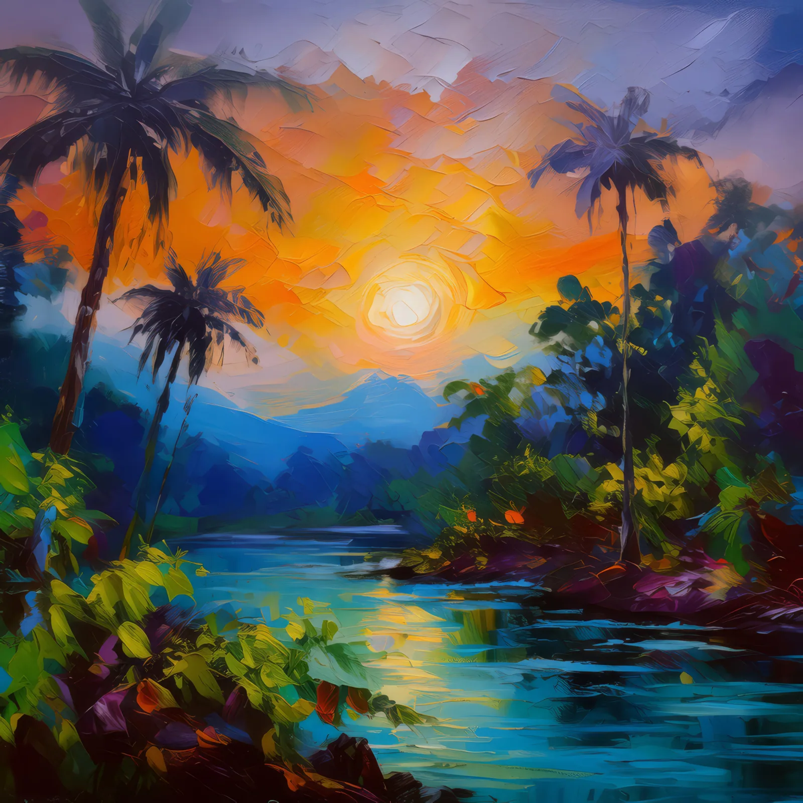 Tropical Jungle Twilight, a palette-knife oil landscape by Emma Mickelberg