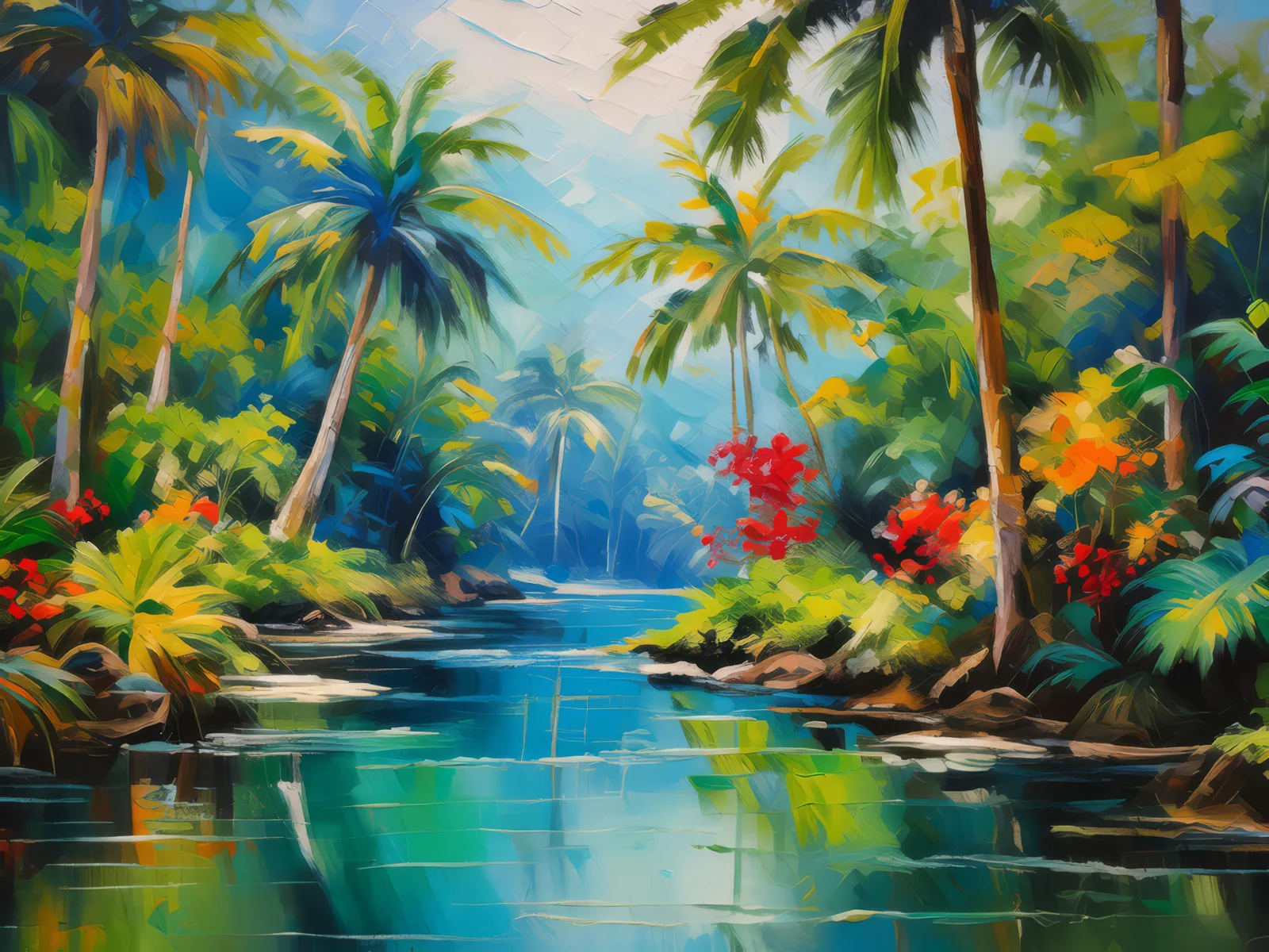 Tropical Jungle Waterway, a palette-knife oil landscape by Emma Mickelberg