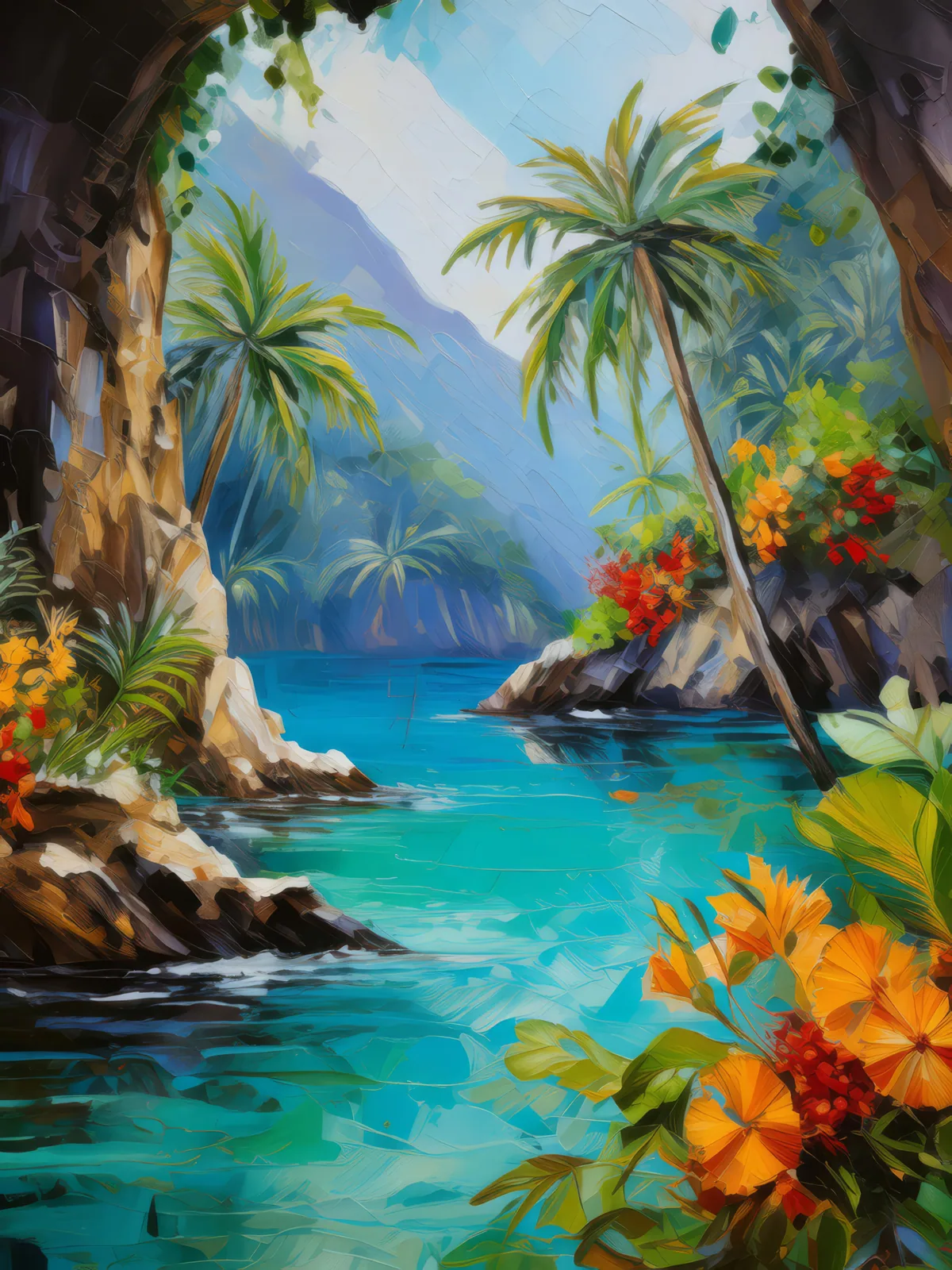 Tropical Lagoon Grotto, a palette-knife oil landscape by Emma Mickelberg
