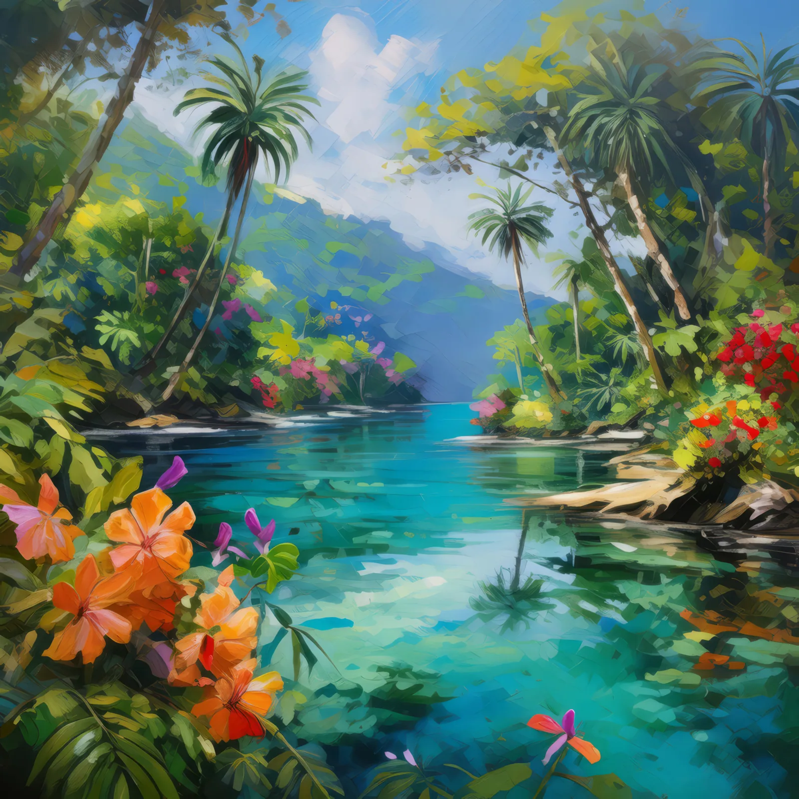 Tropical Lagoon Oasis, a palette-knife oil landscape by Emma Mickelberg
