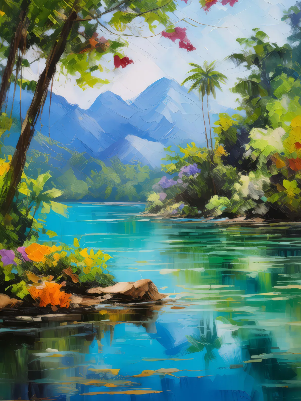 Tropical Lagoon Retreat, a palette-knife oil landscape by Emma Mickelberg