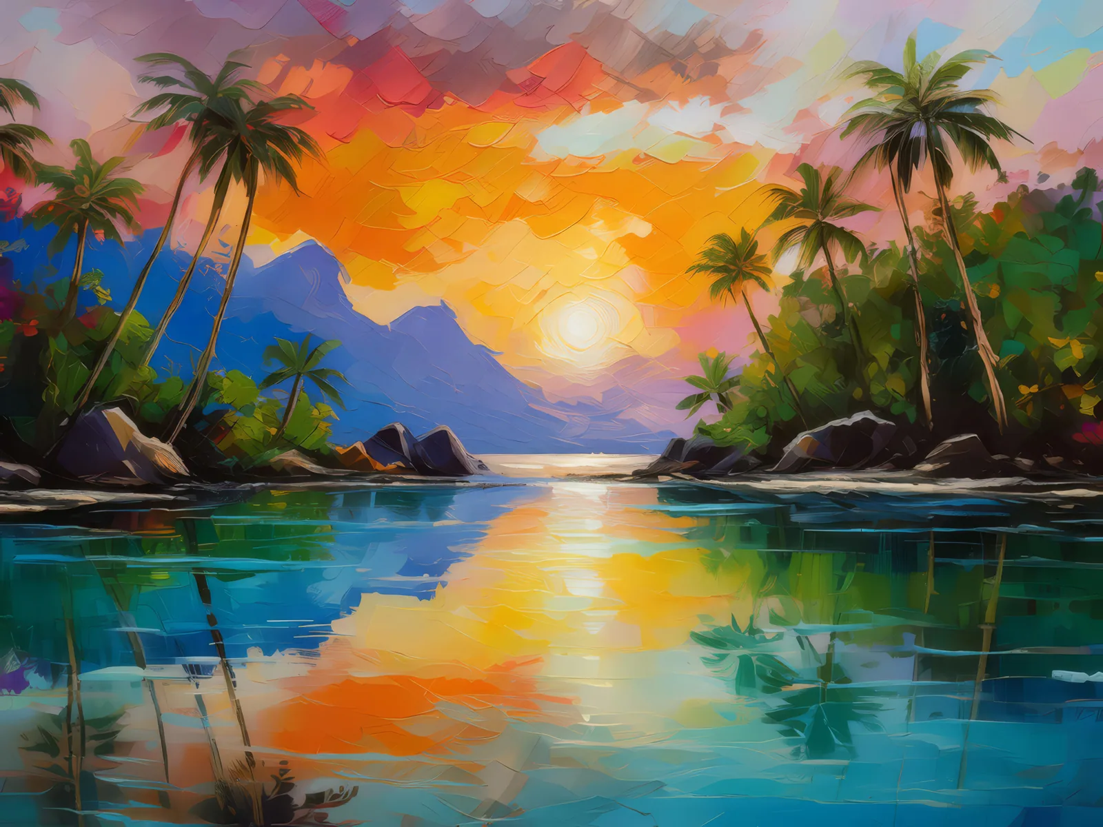 Tropical Lagoon Sunset, a palette-knife oil landscape by Emma Mickelberg