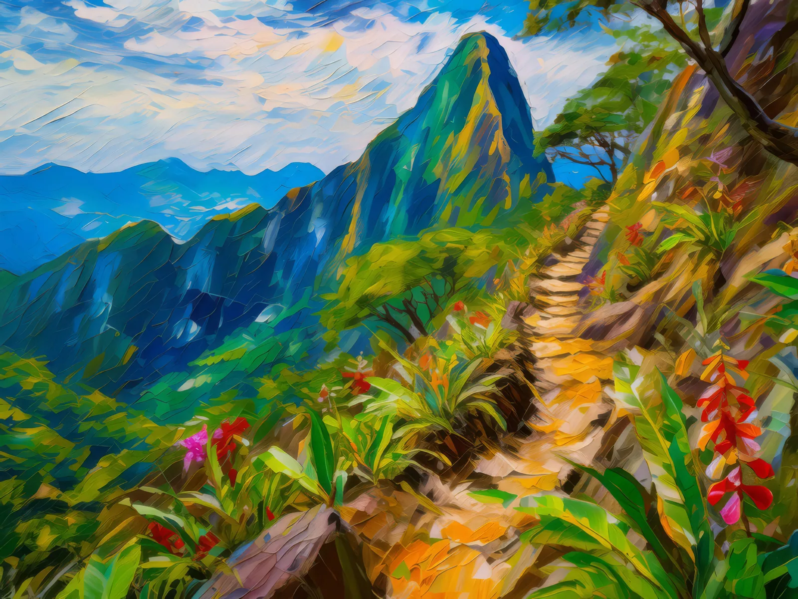 Tropical Mountain Trek, a palette-knife oil landscape by Emma Mickelberg