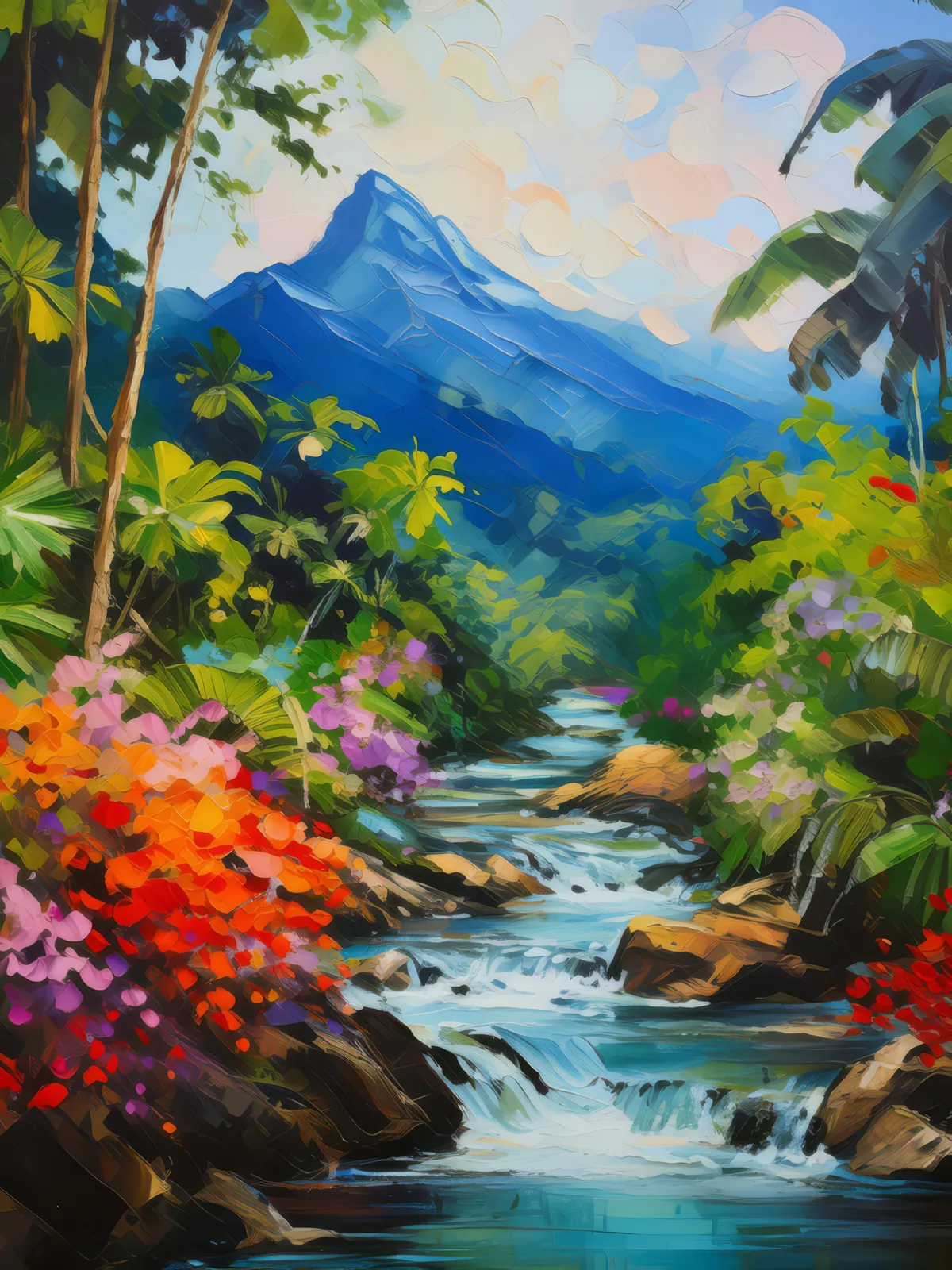 Tropical Mountain Watercourse, a palette-knife oil landscape by Emma Mickelberg