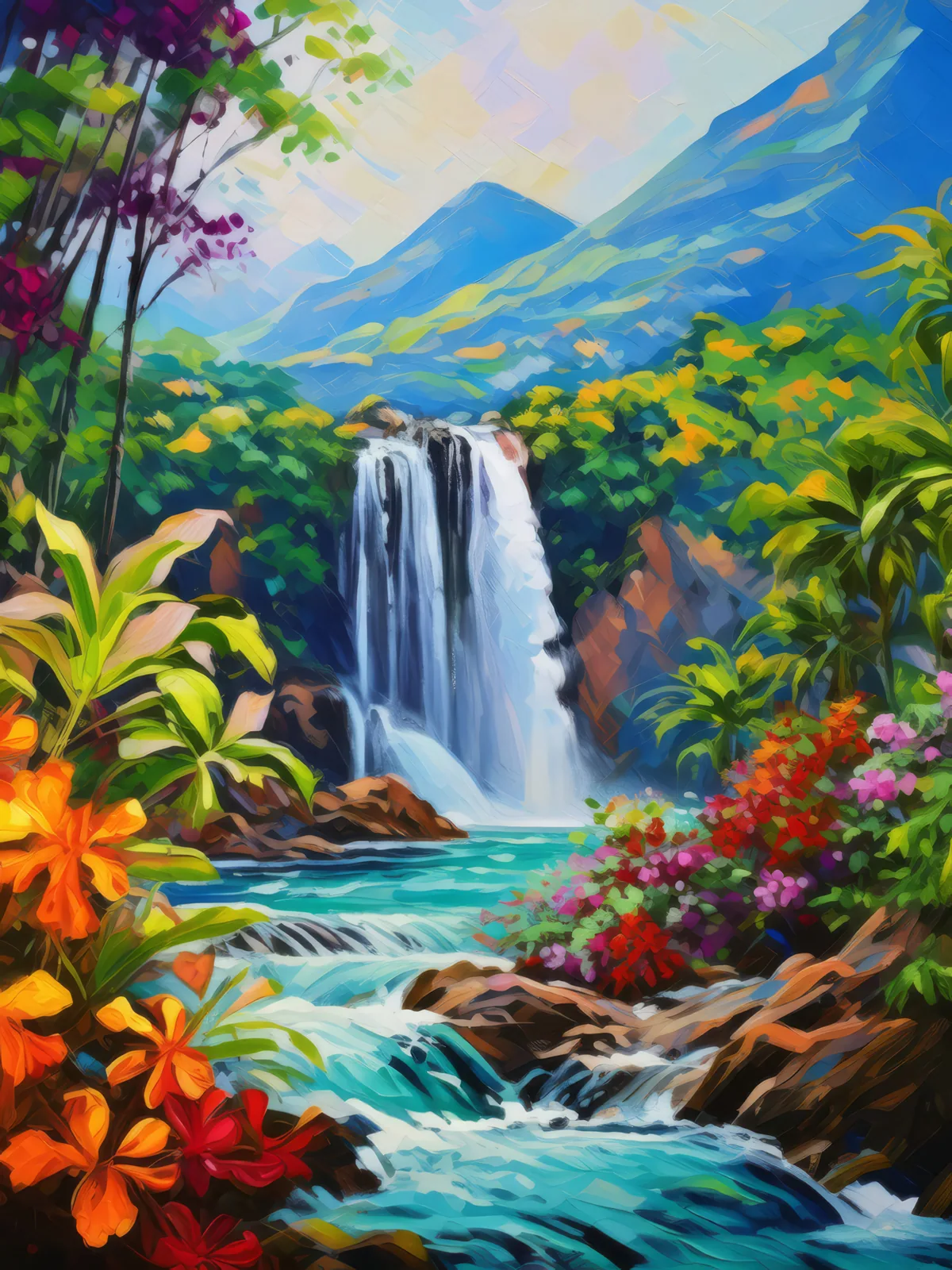 Tropical Mountain Waterfall, a palette-knife oil landscape by Emma Mickelberg