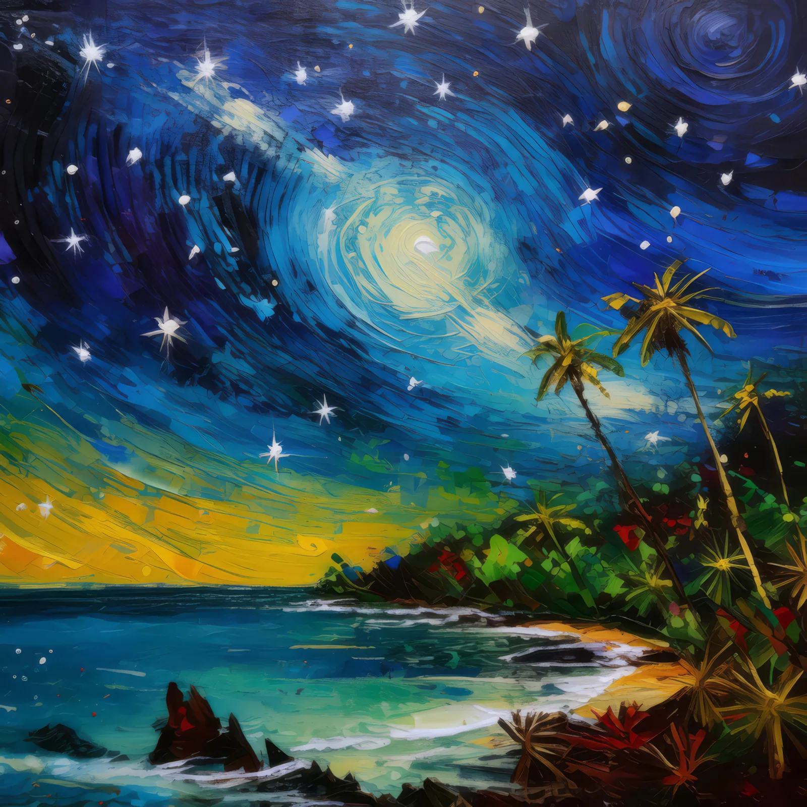 Tropical Night Sky, a palette-knife oil landscape by Emma Mickelberg