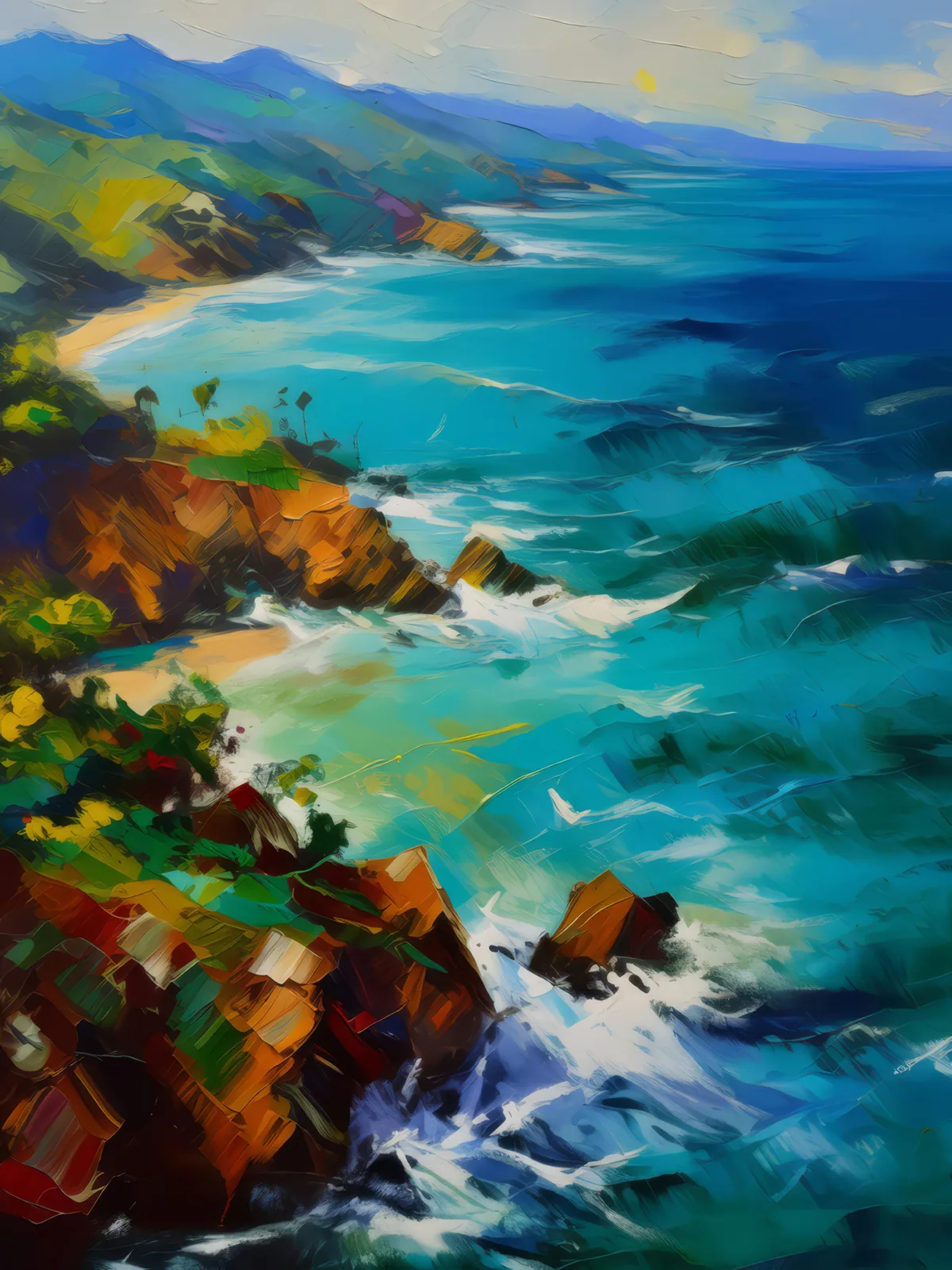 Tropical Ocean Aerial View, a palette-knife oil landscape by Emma Mickelberg