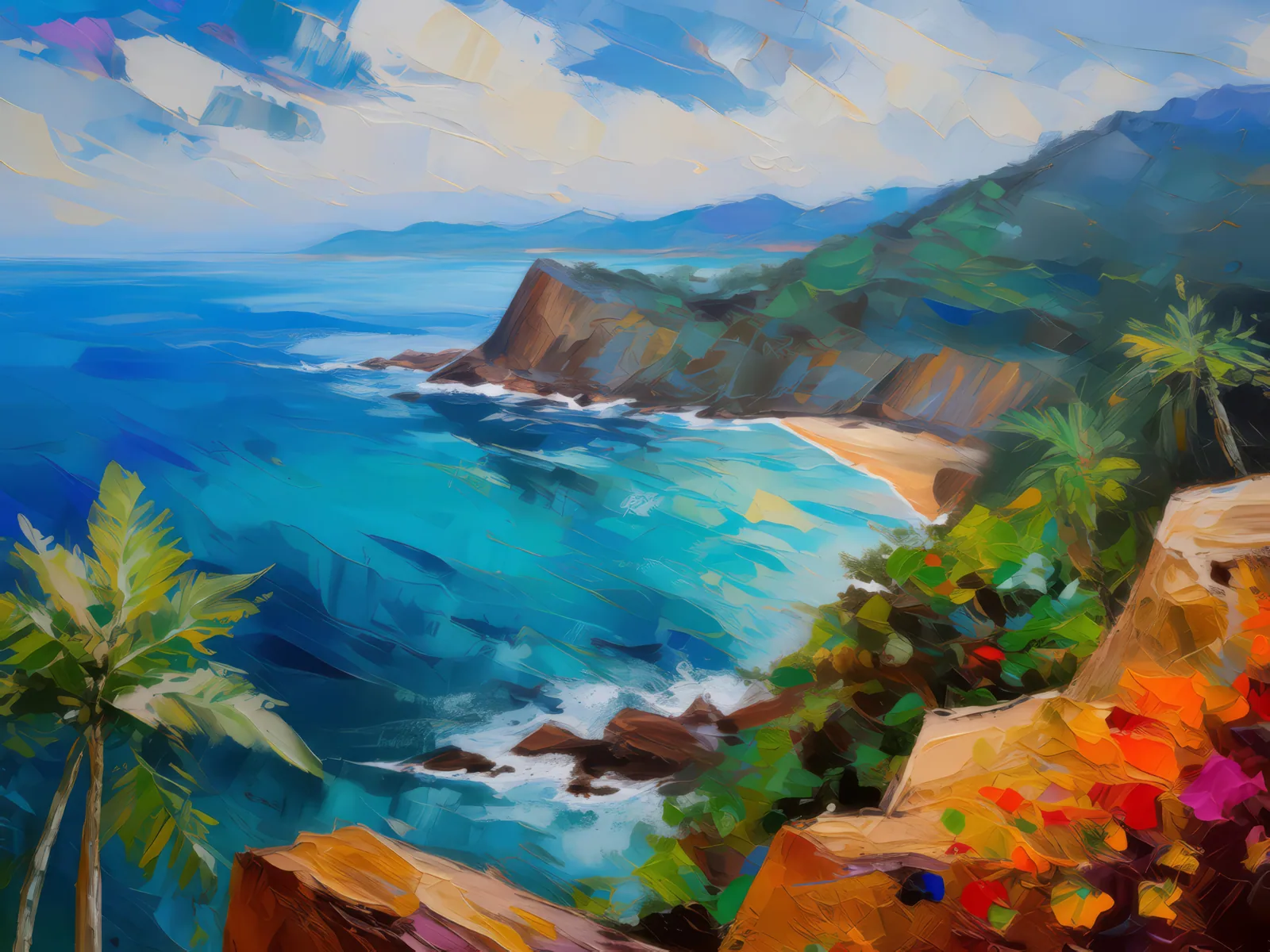 Tropical Ocean Overlook, a palette-knife oil landscape by Emma Mickelberg