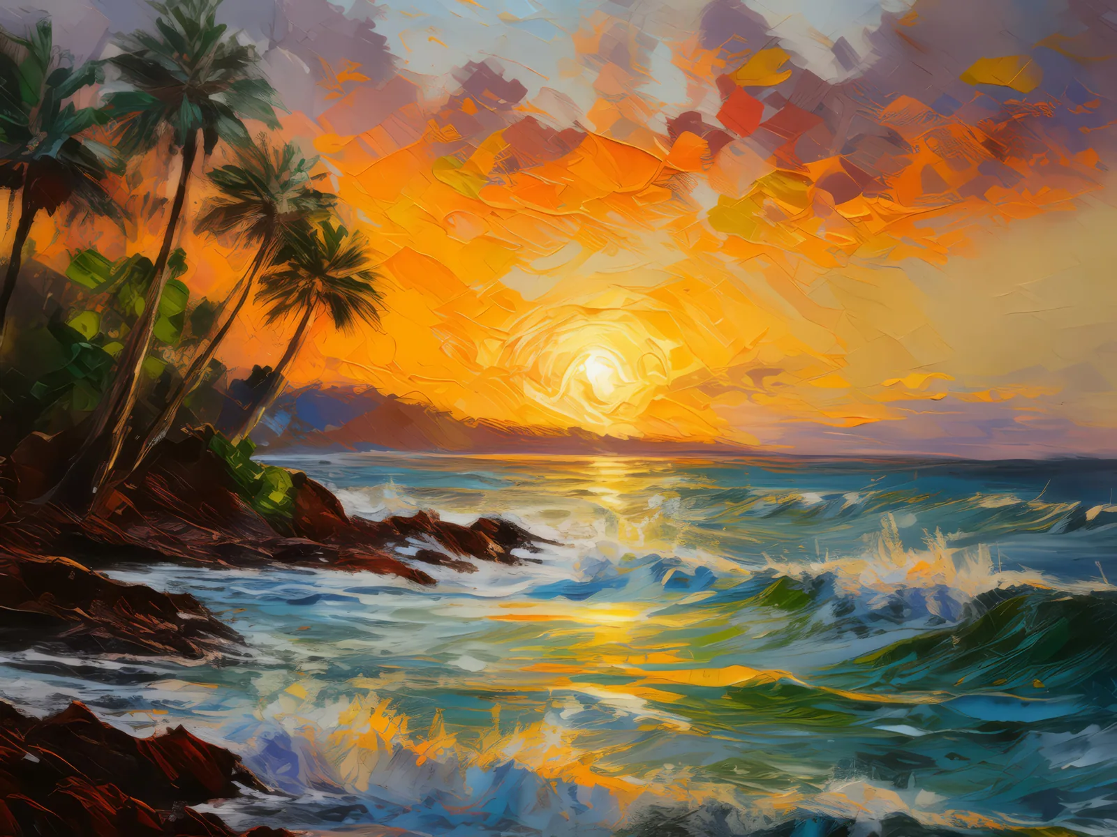Tropical Ocean Sunset, a palette-knife oil landscape by Emma Mickelberg
